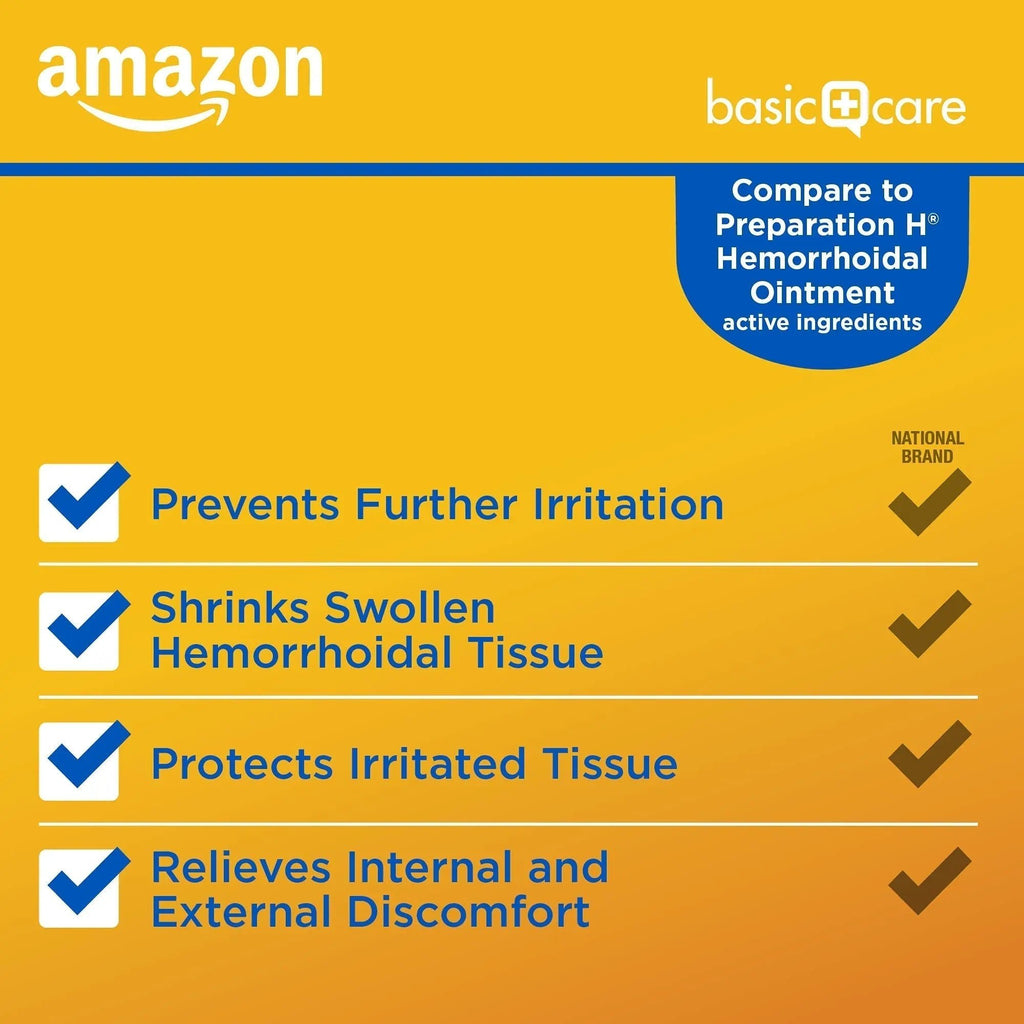 Amazon Basic Care Hemorrhoid Ointment, Fast-Acting Pain Relief, Relieves Burning, Itching, Swelling and Discomfort, 2 ounce (Pack of 1) - TrustMedUSA
