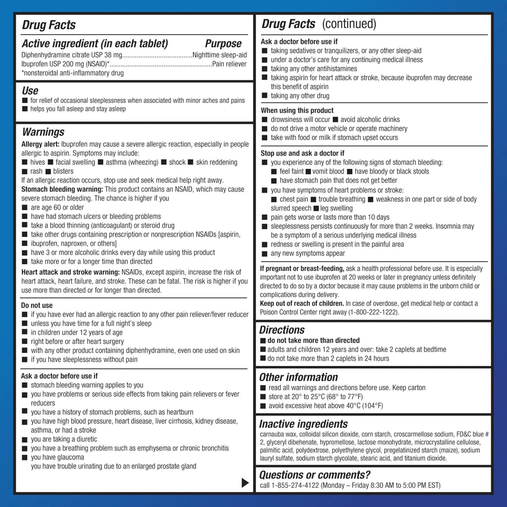 Amazon Basic Care Ibuprofen PM, Ibuprofen 200 mg and Diphenhydramine Citrate 38 mg, Pain Reliever and Nighttime Sleep-Aid, Capsule-Shaped Tablets, 120 Count - TrustMedUSA