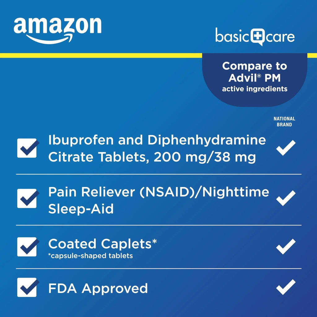 Amazon Basic Care Ibuprofen PM, Ibuprofen 200 mg and Diphenhydramine Citrate 38 mg, Pain Reliever and Nighttime Sleep-Aid, Capsule-Shaped Tablets, 120 Count - TrustMedUSA