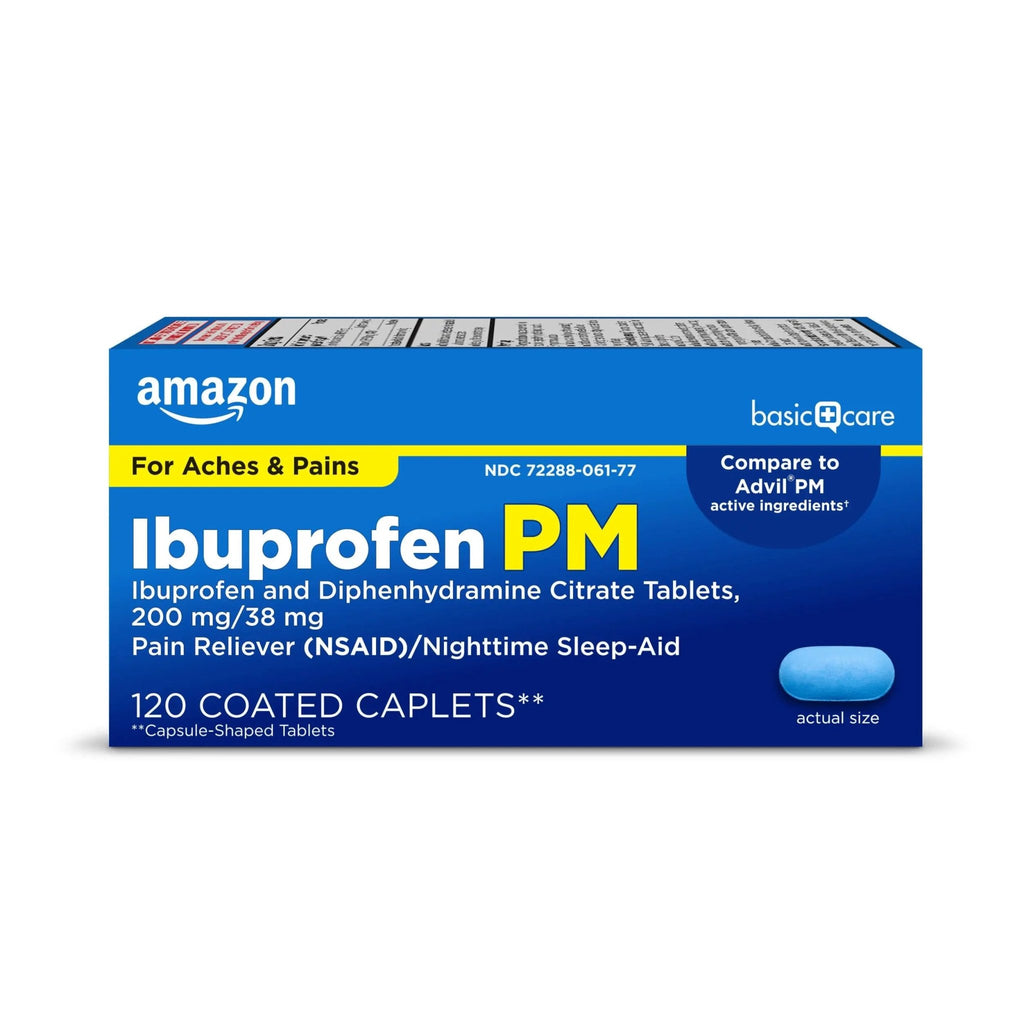 Amazon Basic Care Ibuprofen PM, Ibuprofen 200 mg and Diphenhydramine Citrate 38 mg, Pain Reliever and Nighttime Sleep-Aid, Capsule-Shaped Tablets, 120 Count - TrustMedUSA