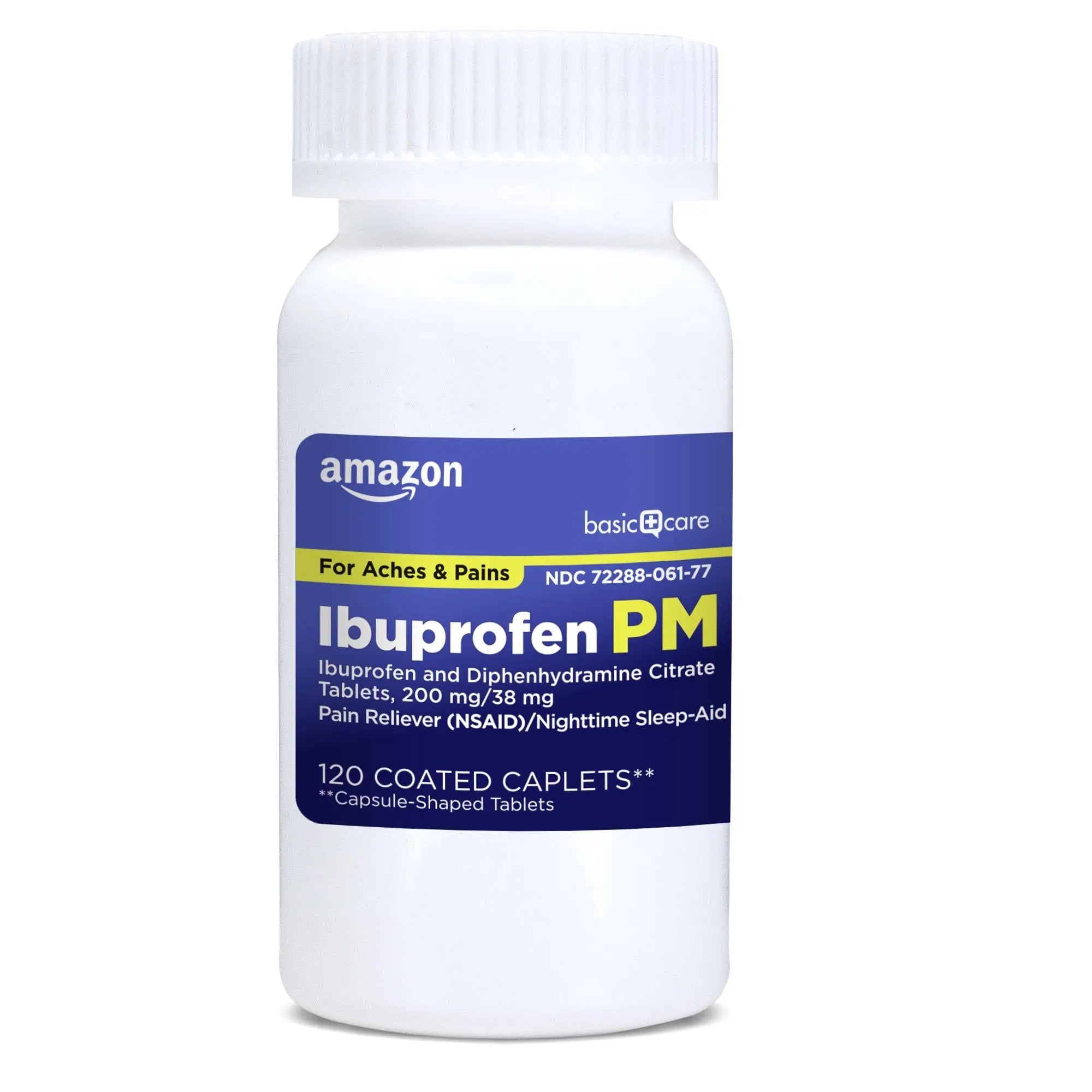 Amazon Basic Care Ibuprofen PM, Ibuprofen 200 mg and Diphenhydramine Citrate 38 mg, Pain Reliever and Nighttime Sleep-Aid, Capsule-Shaped Tablets, 120 Count - TrustMedUSA