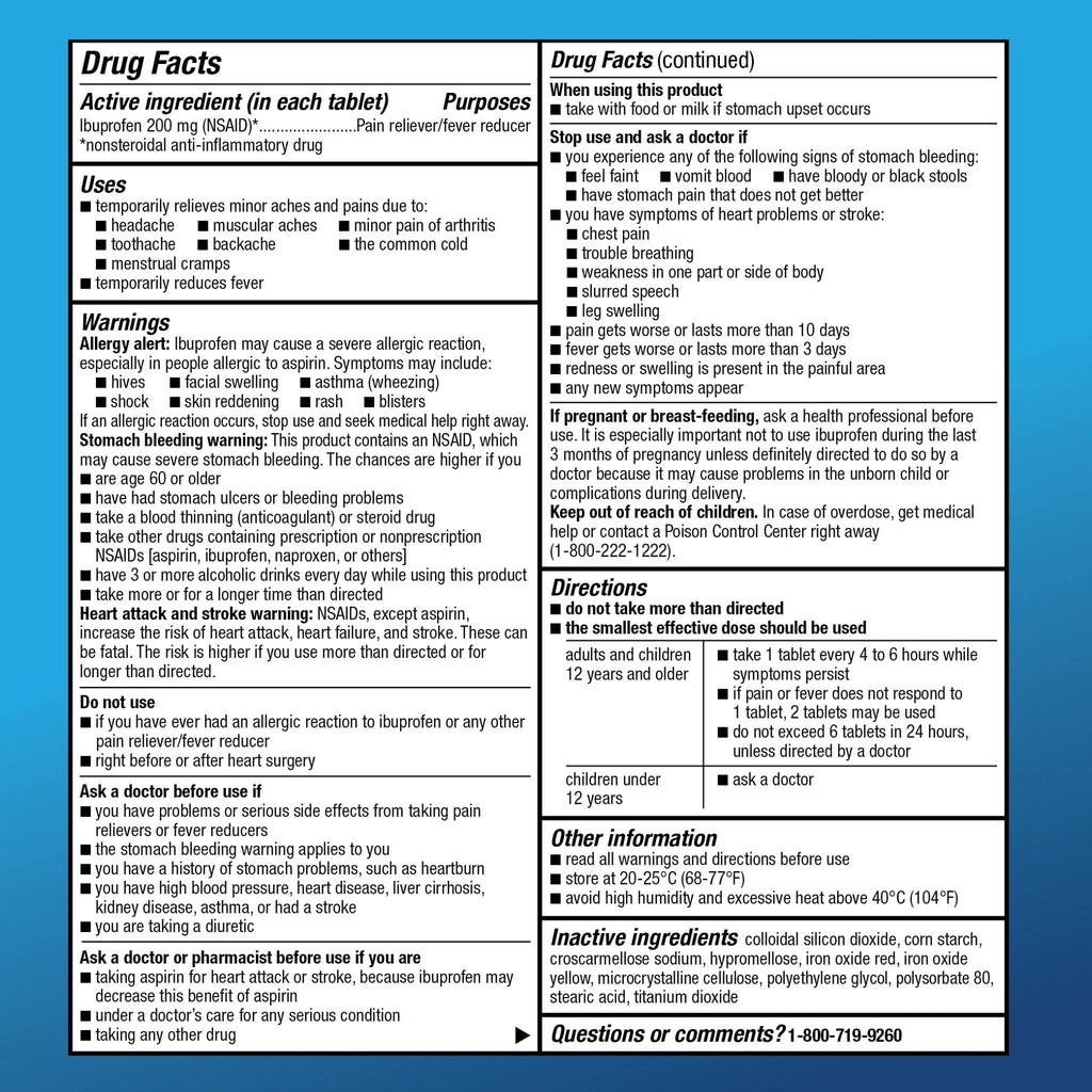 Amazon Basic Care Ibuprofen Tablets, 200 mg, Pain Reliever and Fever Reducer, For Headache, Muscular Aches, Arthritis, Backache, Menstrual Pain, 100 Count (Pack of 1) - Maple Wellness Supplements