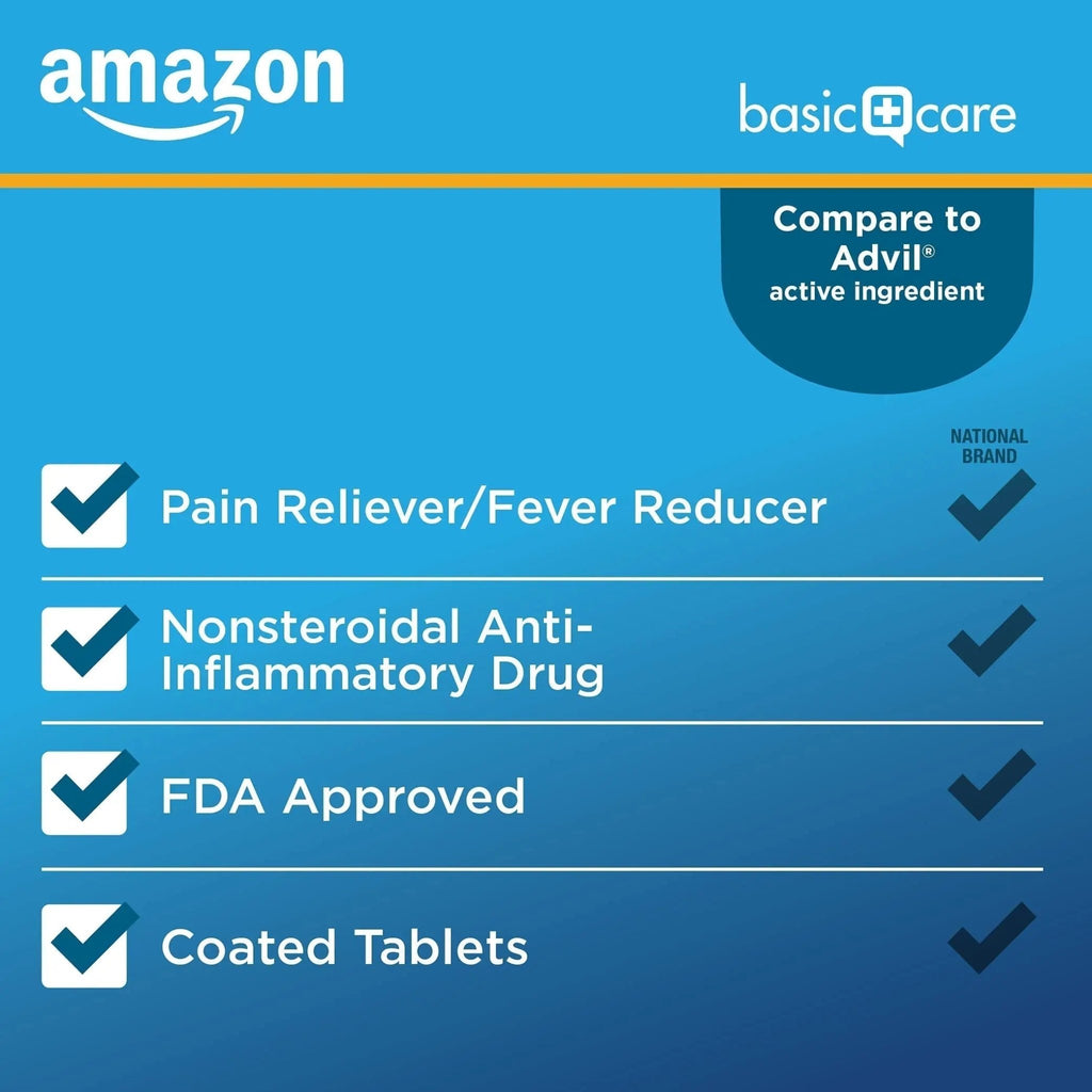 Amazon Basic Care Ibuprofen Tablets, 200 mg, Pain Reliever and Fever Reducer, For Headache, Muscular Aches, Arthritis, Backache, Menstrual Pain, 100 Count (Pack of 1) - TrustMedUSA