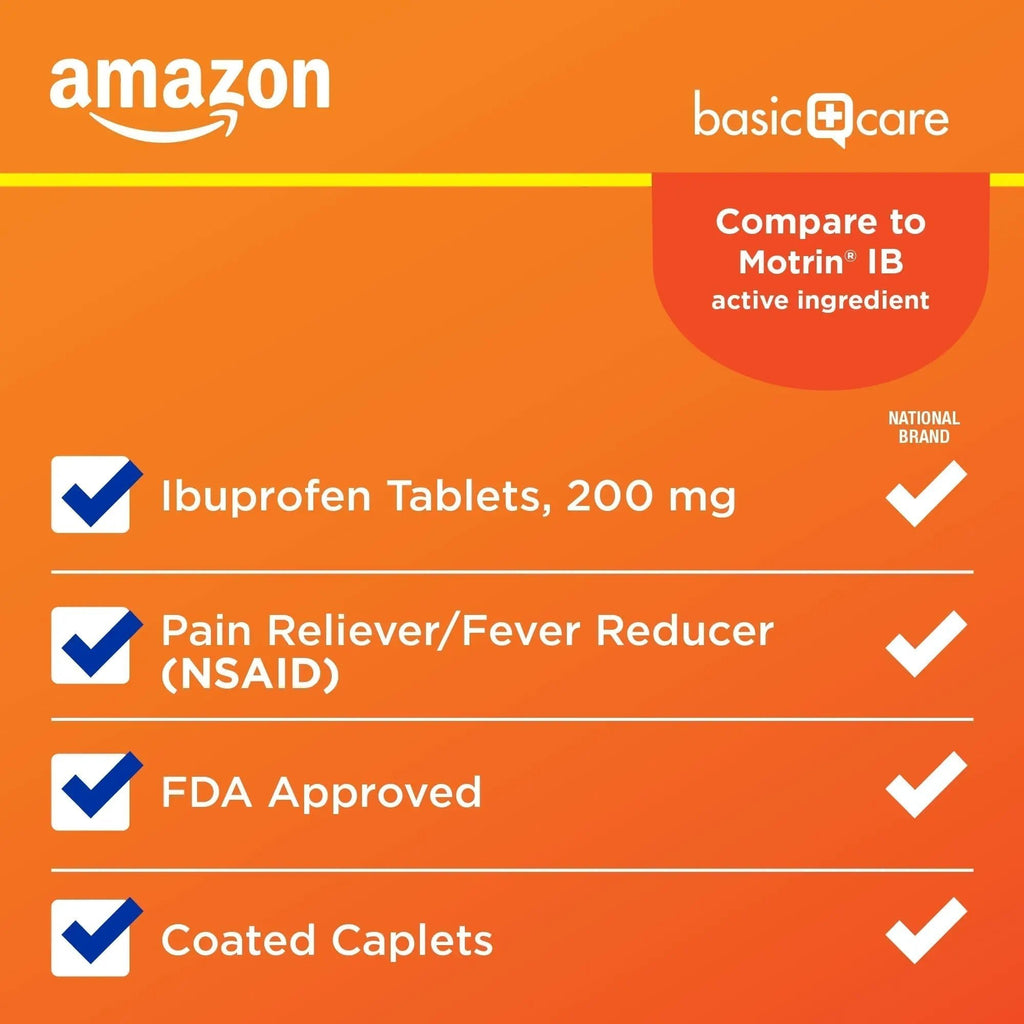 Amazon Basic Care Ibuprofen Tablets, 200 mg, Pain Reliever/Fever Reducer for Headache, Backache, Menstrual Pain and Body Aches, 100 Count - TrustMedUSA