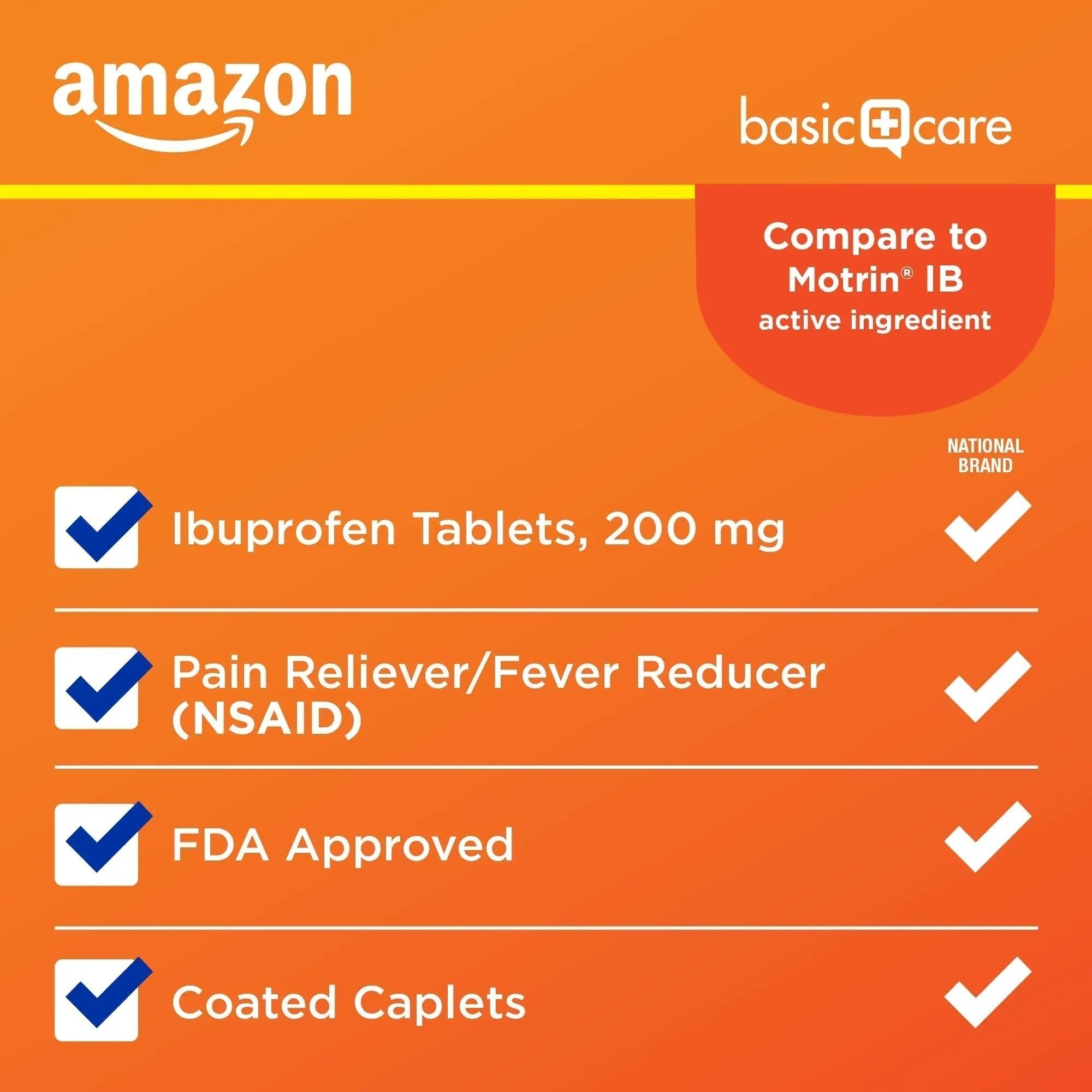 Amazon Basic Care Ibuprofen Tablets, 200 mg, Pain Reliever/Fever Reducer for Headache, Backache, Menstrual Pain and Body Aches, 100 Count - TrustMedUSA
