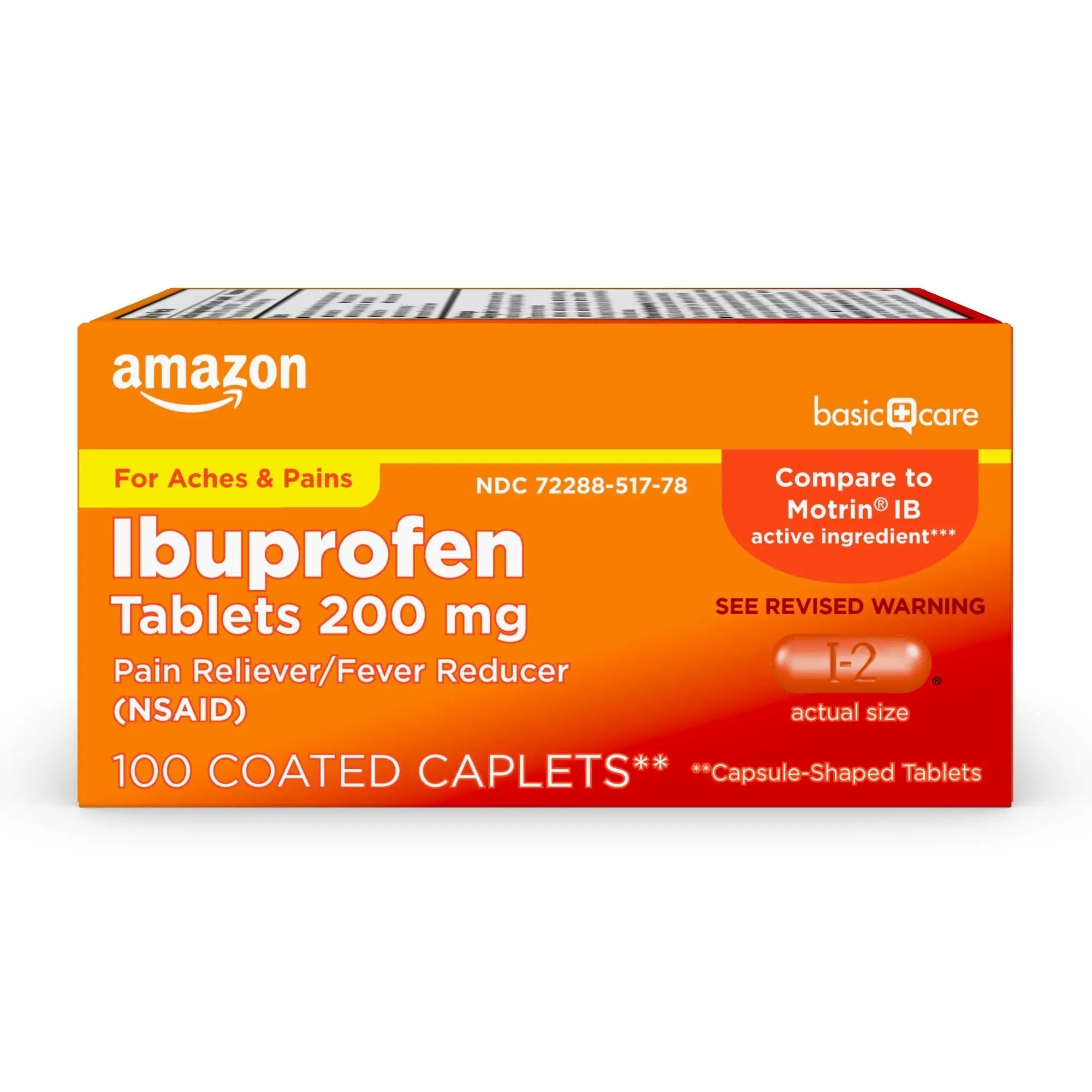 Amazon Basic Care Ibuprofen Tablets, 200 mg, Pain Reliever/Fever Reducer for Headache, Backache, Menstrual Pain and Body Aches, 100 Count - TrustMedUSA