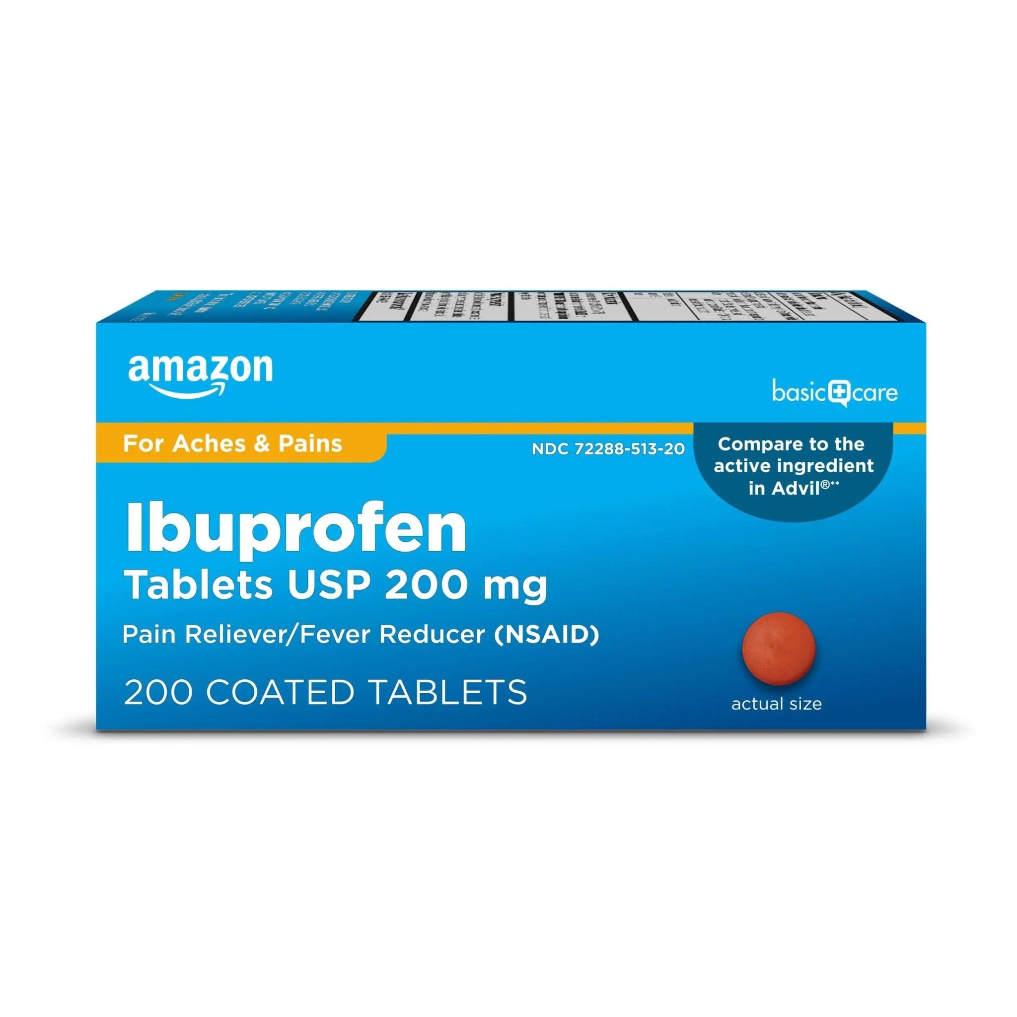 Amazon Basic Care Ibuprofen Tablets, Fever Reducer and Pain Relief from Body Aches, Headache, Arthritis Pain and More, Brown 200 Count - TrustMedUSA
