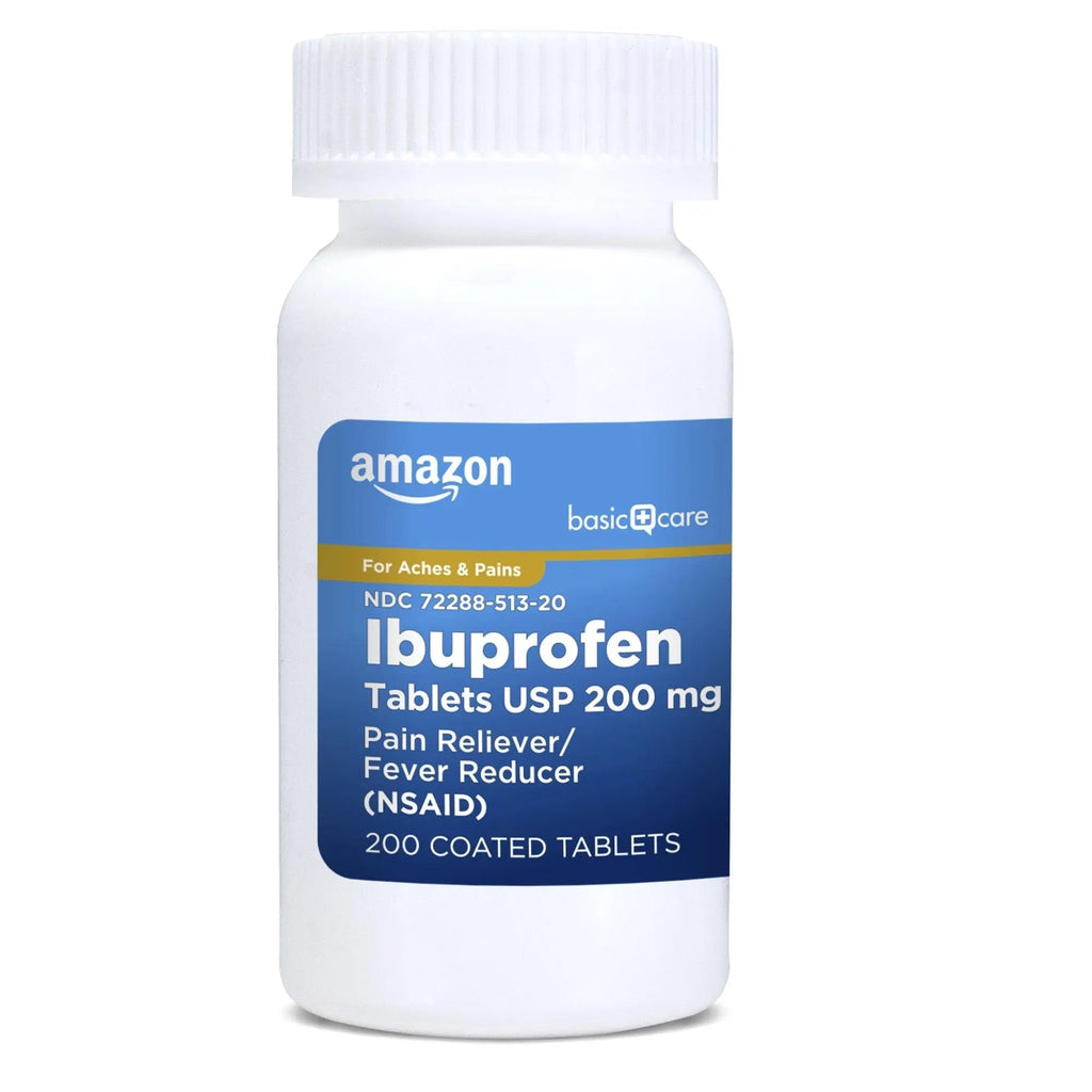 Amazon Basic Care Ibuprofen Tablets, Fever Reducer and Pain Relief from Body Aches, Headache, Arthritis Pain and More, Brown 200 Count - TrustMedUSA