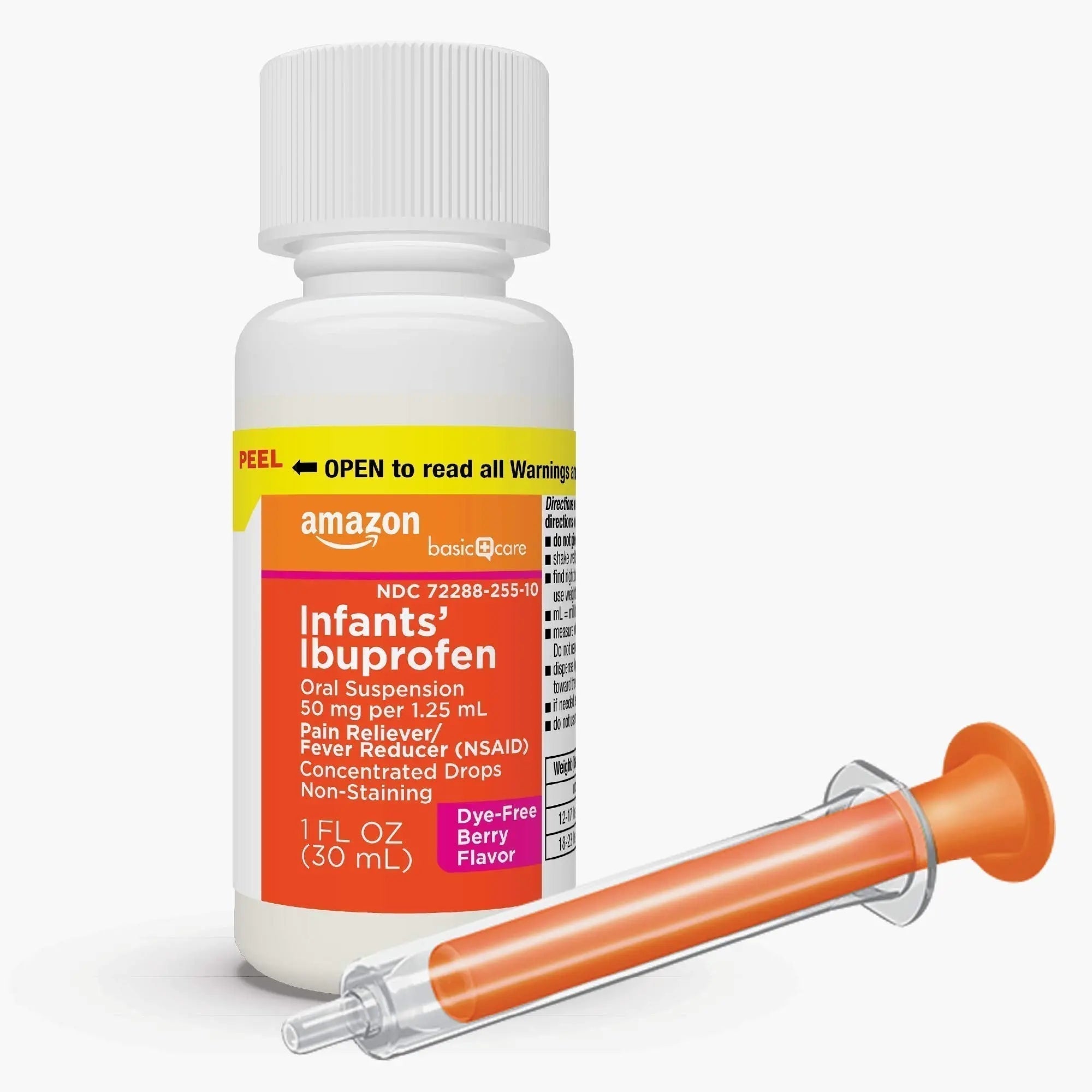 Amazon Basic Care Infants' Ibuprofen Oral Suspension, Pain Reliever and Fever Reducer, 50 mg/1.25 mL, Berry Flavor Concentrated Drops, Dye-Free, 1 fl oz (Pack of 1) - TrustMedUSA