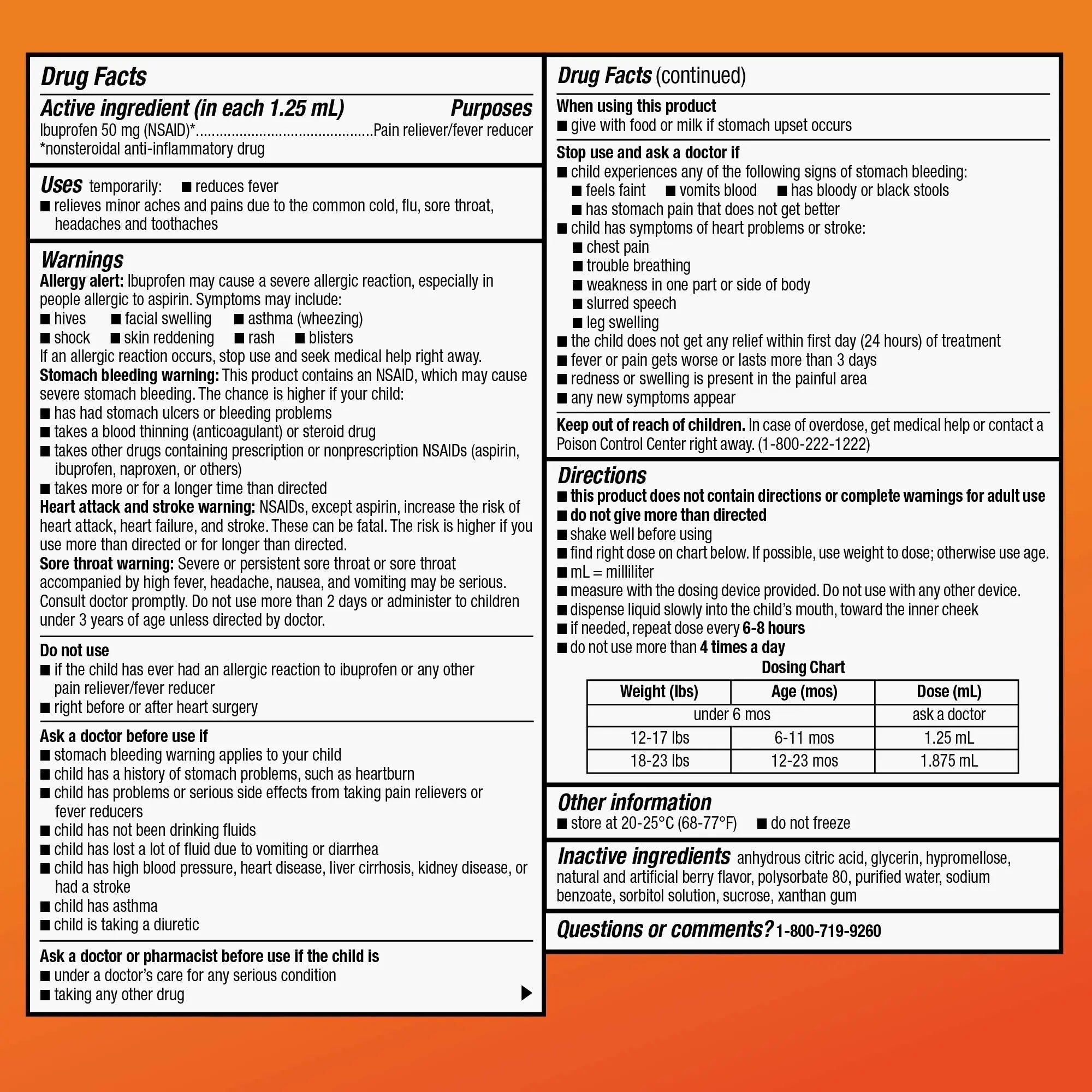 Amazon Basic Care Infants' Ibuprofen Oral Suspension, Pain Reliever and Fever Reducer, 50 mg/1.25 mL, Berry Flavor Concentrated Drops, Dye-Free, 1 fl oz (Pack of 1) - TrustMedUSA