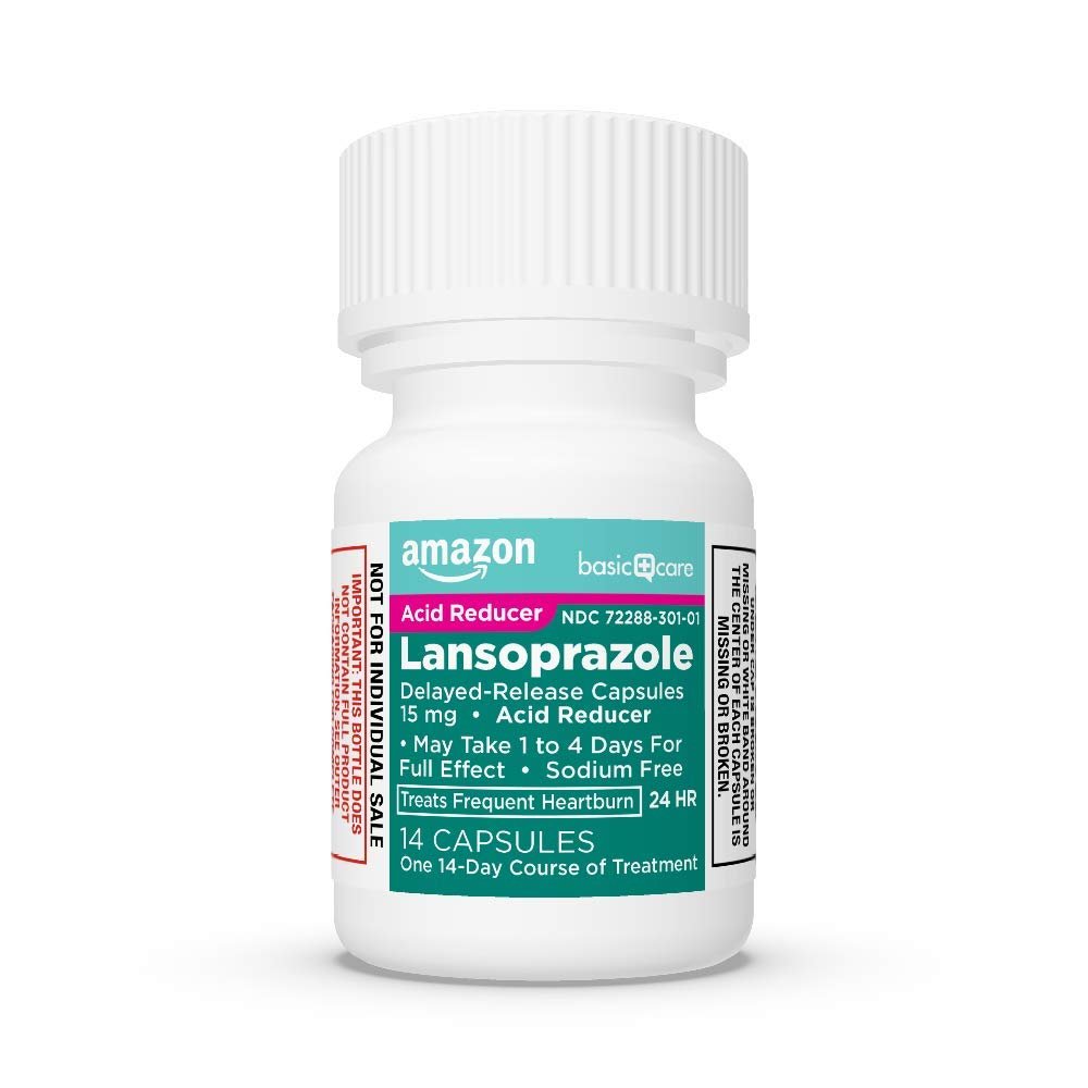 Amazon Basic Care Lansoprazole Delayed Release Capsules, 15 mg, Proton Pump Inhibitor, Acid Reducer, 24 Hour Heartburn Medicine, 42 Count Pack - Maple Wellness Supplements