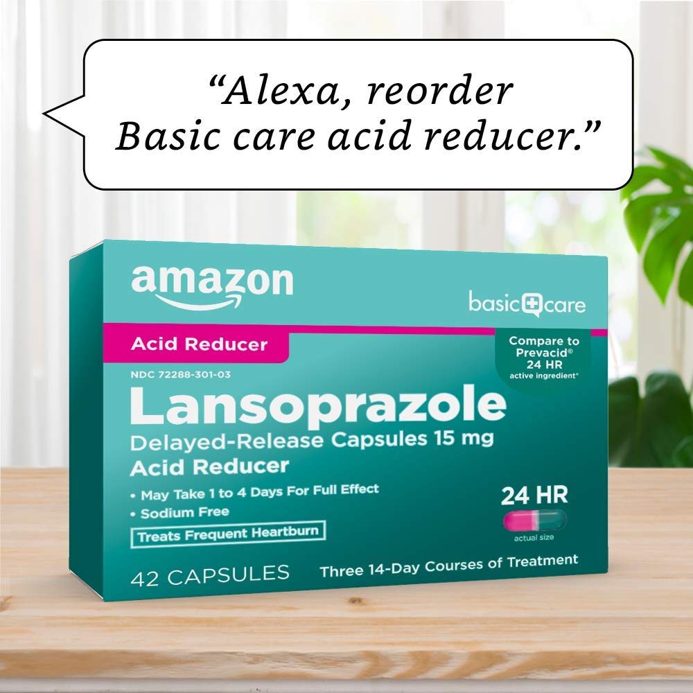 Amazon Basic Care Lansoprazole Delayed Release Capsules, 15 mg, Proton Pump Inhibitor, Acid Reducer, 24 Hour Heartburn Medicine, 42 Count Pack - Maple Wellness Supplements