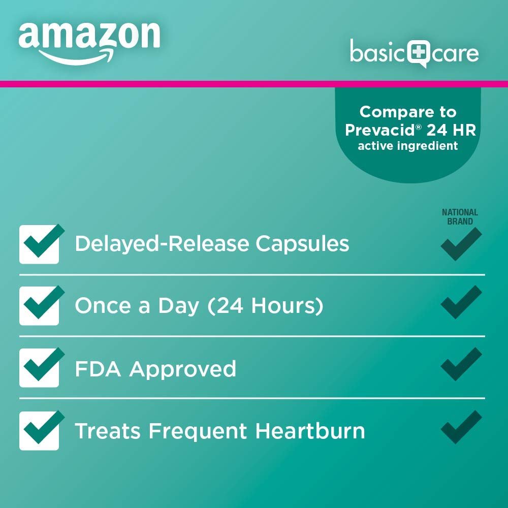 Amazon Basic Care Lansoprazole Delayed Release Capsules, 15 mg, Proton Pump Inhibitor, Acid Reducer, 24 Hour Heartburn Medicine, 42 Count Pack - Maple Wellness Supplements