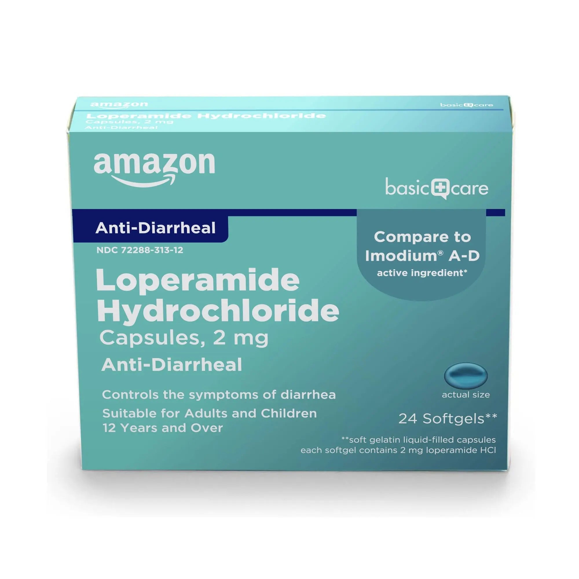Amazon Basic Care Loperamide Hcl 2 Mg Softgels, Anti-Diarrheal, Easy to Swallow, Controls Symptoms of Traveler's Diarrhea, 24 Count - TrustMedUSA