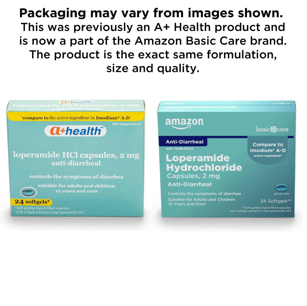 Amazon Basic Care Loperamide Hcl 2 Mg Softgels, Anti-Diarrheal, Easy to Swallow, Controls Symptoms of Traveler's Diarrhea, 24 Count - TrustMedUSA