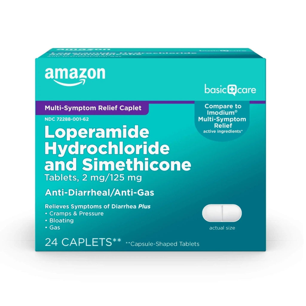 Amazon Basic Care Loperamide Hydrochloride 2 mg and Simethicone 125 mg Tablets, Multi-Symptom Relief, Anti-Diarrheal, Bloating and Cramps, Gas Relief, 24 Count - TrustMedUSA