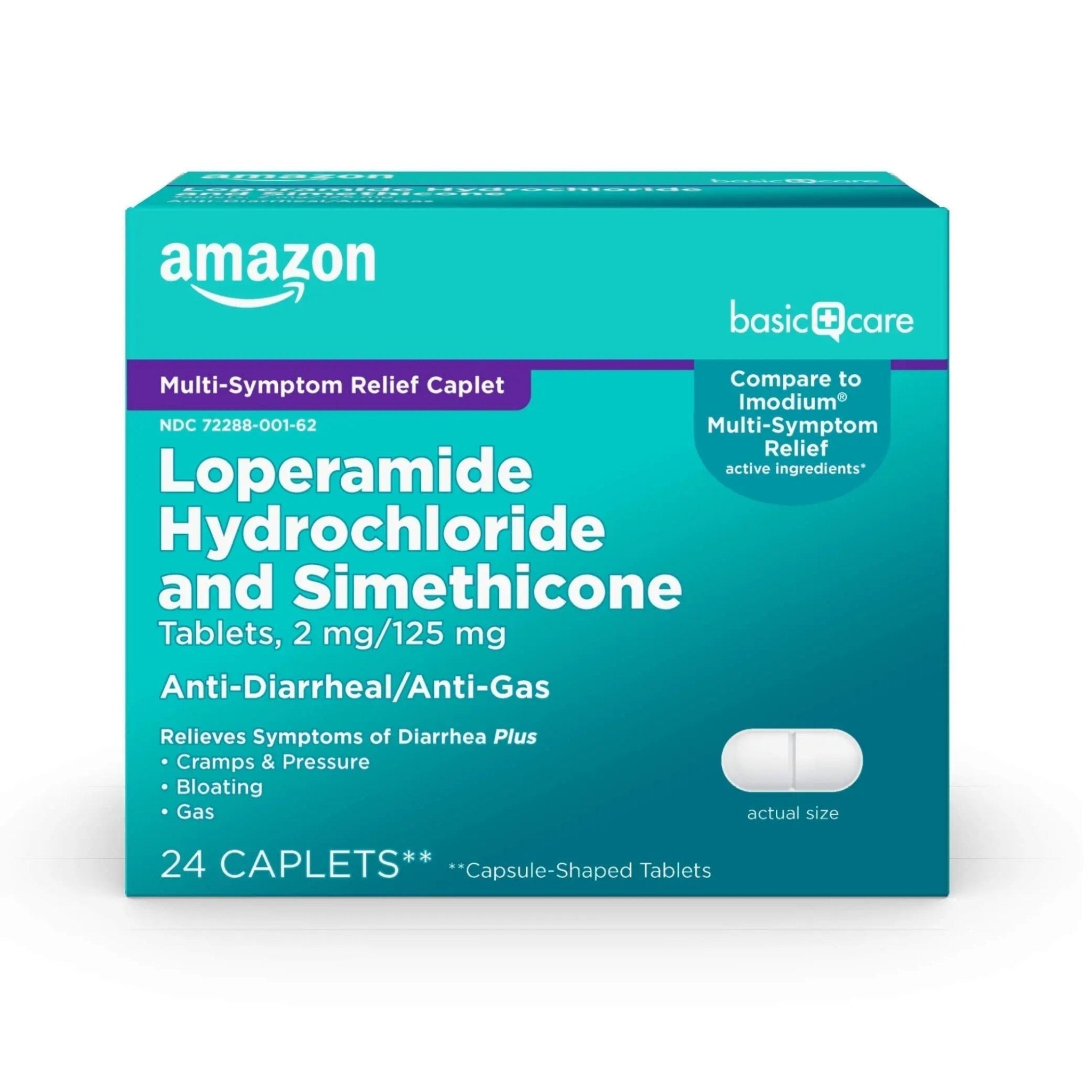 Amazon Basic Care Loperamide Hydrochloride 2 mg and Simethicone 125 mg Tablets, Multi-Symptom Relief, Anti-Diarrheal, Bloating and Cramps, Gas Relief, 24 Count - TrustMedUSA