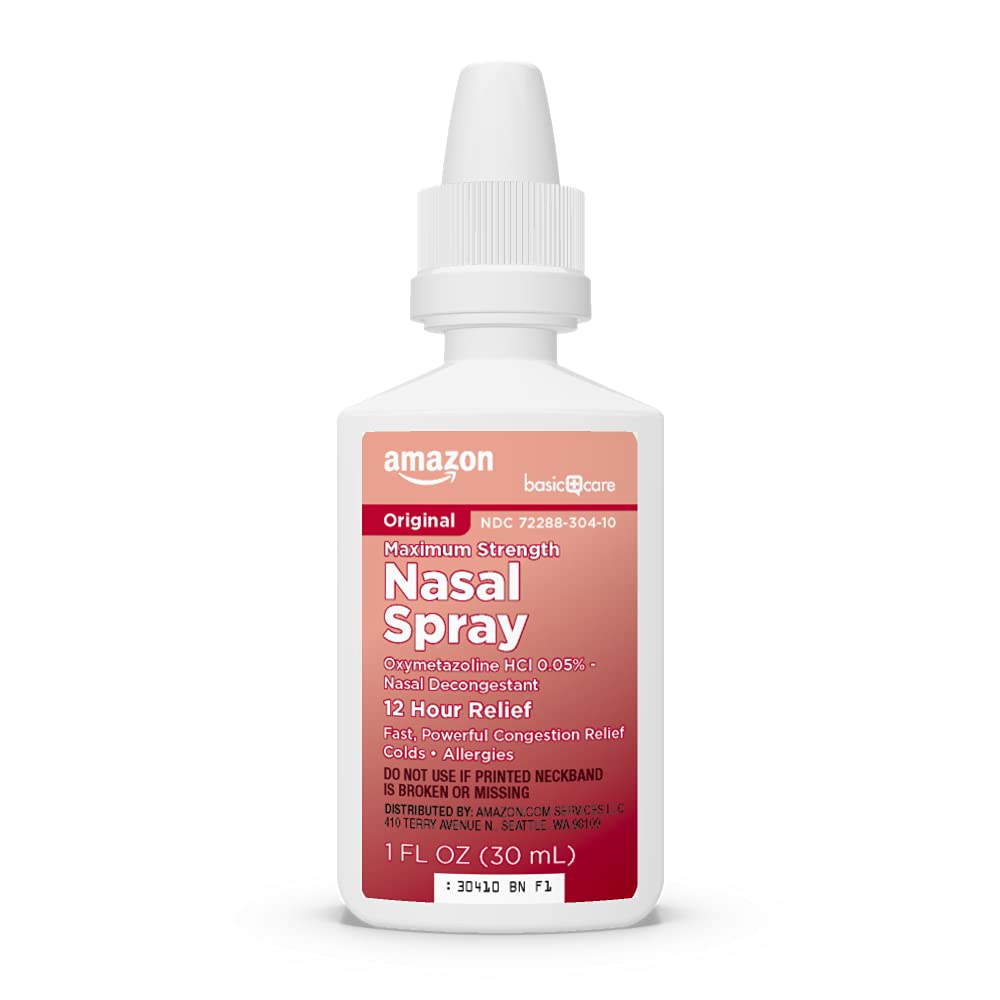 Amazon Basic Care Maximum Strength 12 Hour Nasal Spray, Oxymetazoline HCl Solution, Sinus Pressure Relief, Cold and Allergy Medicine, Decongestant, 1 fl oz (Pack of 1) - Maple Wellness Supplements
