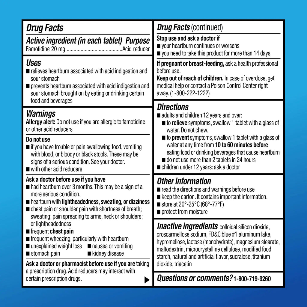 Amazon Basic Care Maximum Strength Famotidine 20mg Tablets, Acid Reducer, Prevents & Relieves Heartburn, Acid Indigestion, Cool Mint, 100 Count - TrustMedUSA
