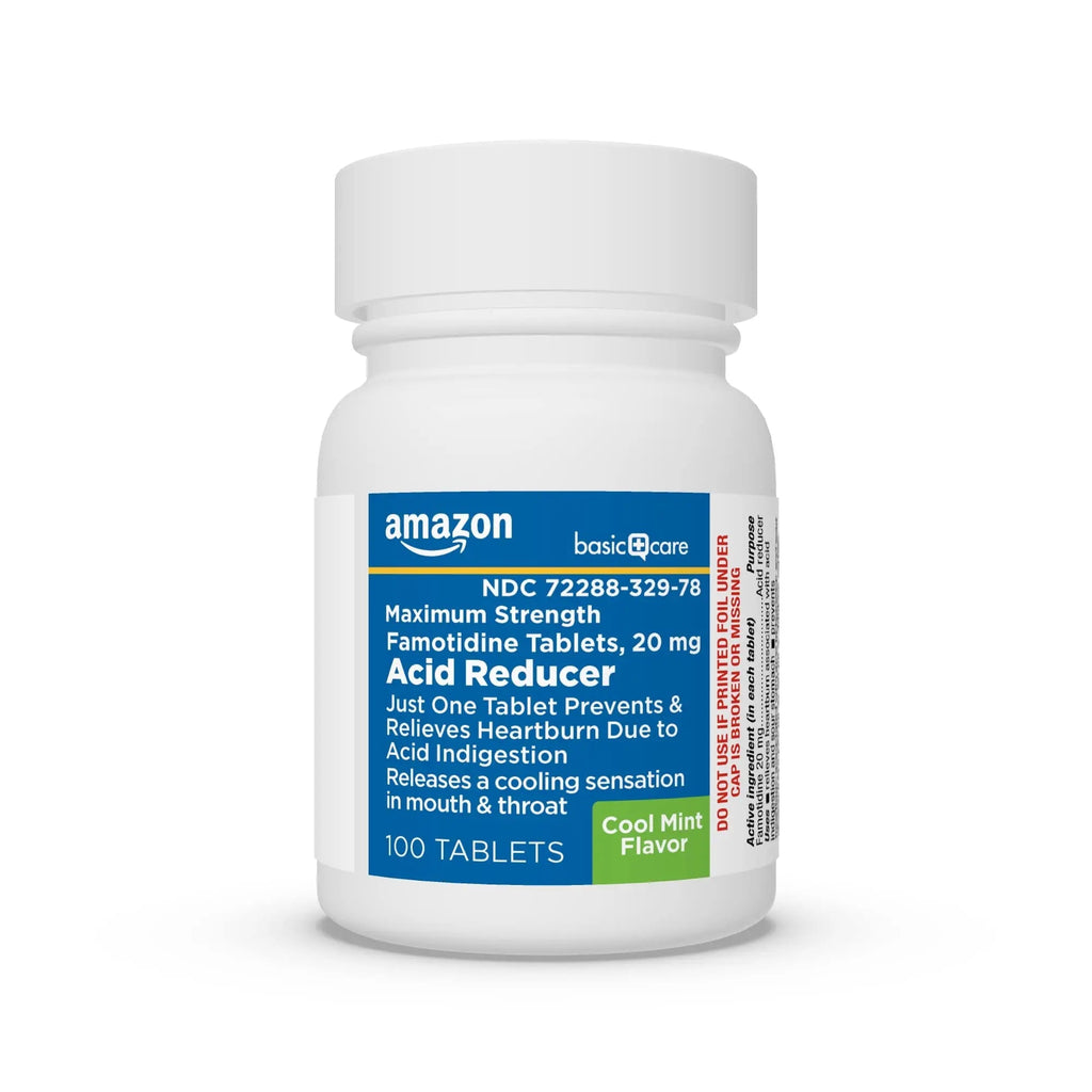 Amazon Basic Care Maximum Strength Famotidine 20mg Tablets, Acid Reducer, Prevents & Relieves Heartburn, Acid Indigestion, Cool Mint, 100 Count - TrustMedUSA