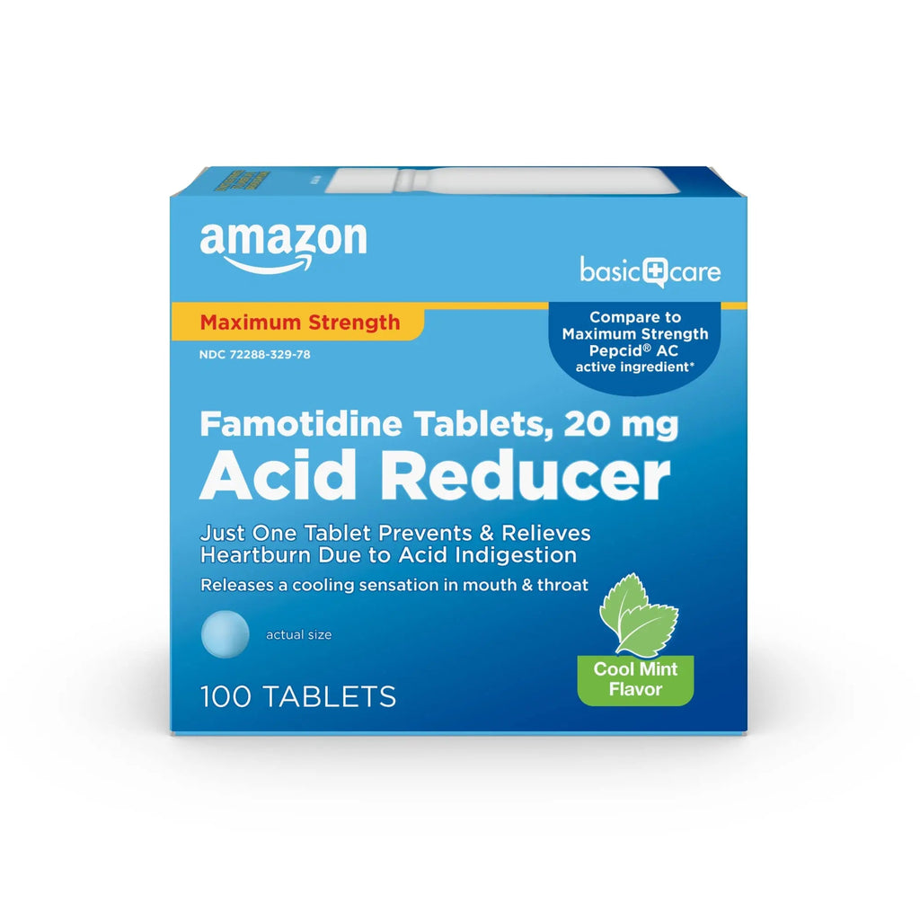 Amazon Basic Care Maximum Strength Famotidine 20mg Tablets, Acid Reducer, Prevents & Relieves Heartburn, Acid Indigestion, Cool Mint, 100 Count - TrustMedUSA