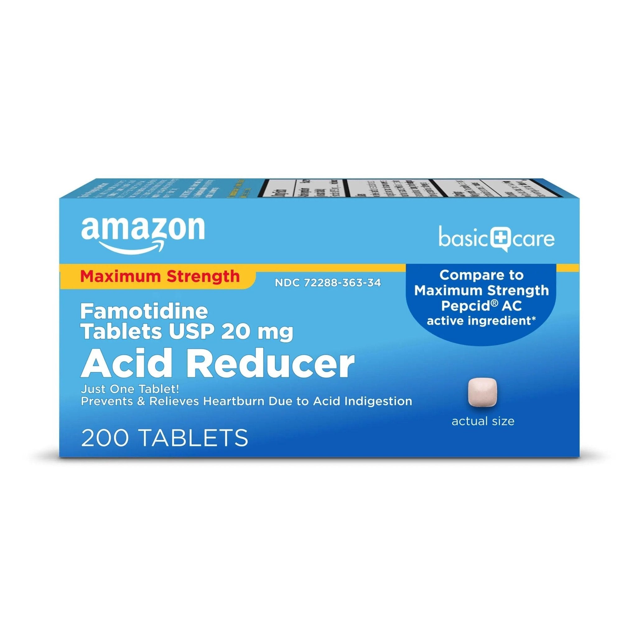 Amazon Basic Care Maximum Strength Famotidine Tablets 20 mg, Acid Reducer for Heartburn Relief, Prevents & Relieves Acid Indigestion, Heartburn Medicine, 12 Hour Protection, 200 Count - TrustMedUSA