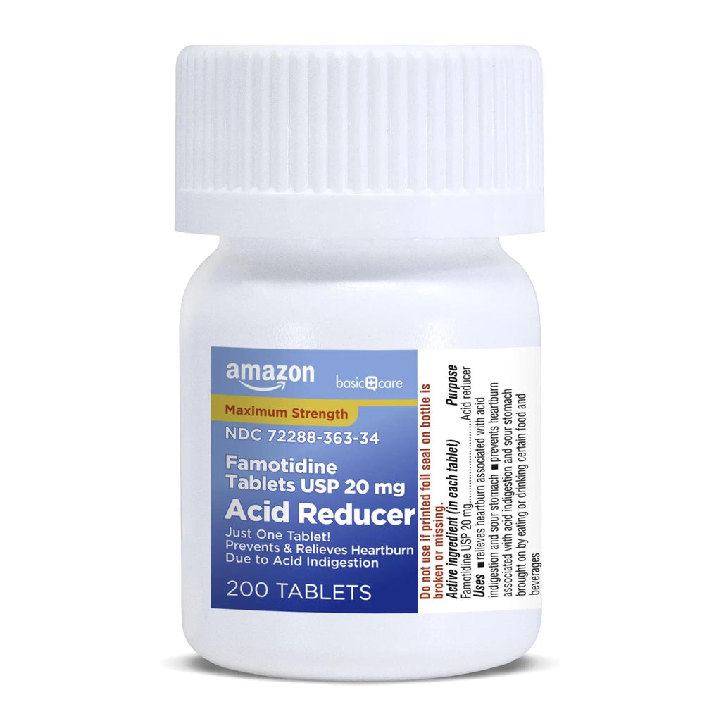 Amazon Basic Care Maximum Strength Famotidine Tablets 20 mg, Acid Reducer for Heartburn Relief, Prevents & Relieves Acid Indigestion, Heartburn Medicine, 12 Hour Protection, 200 Count - TrustMedUSA