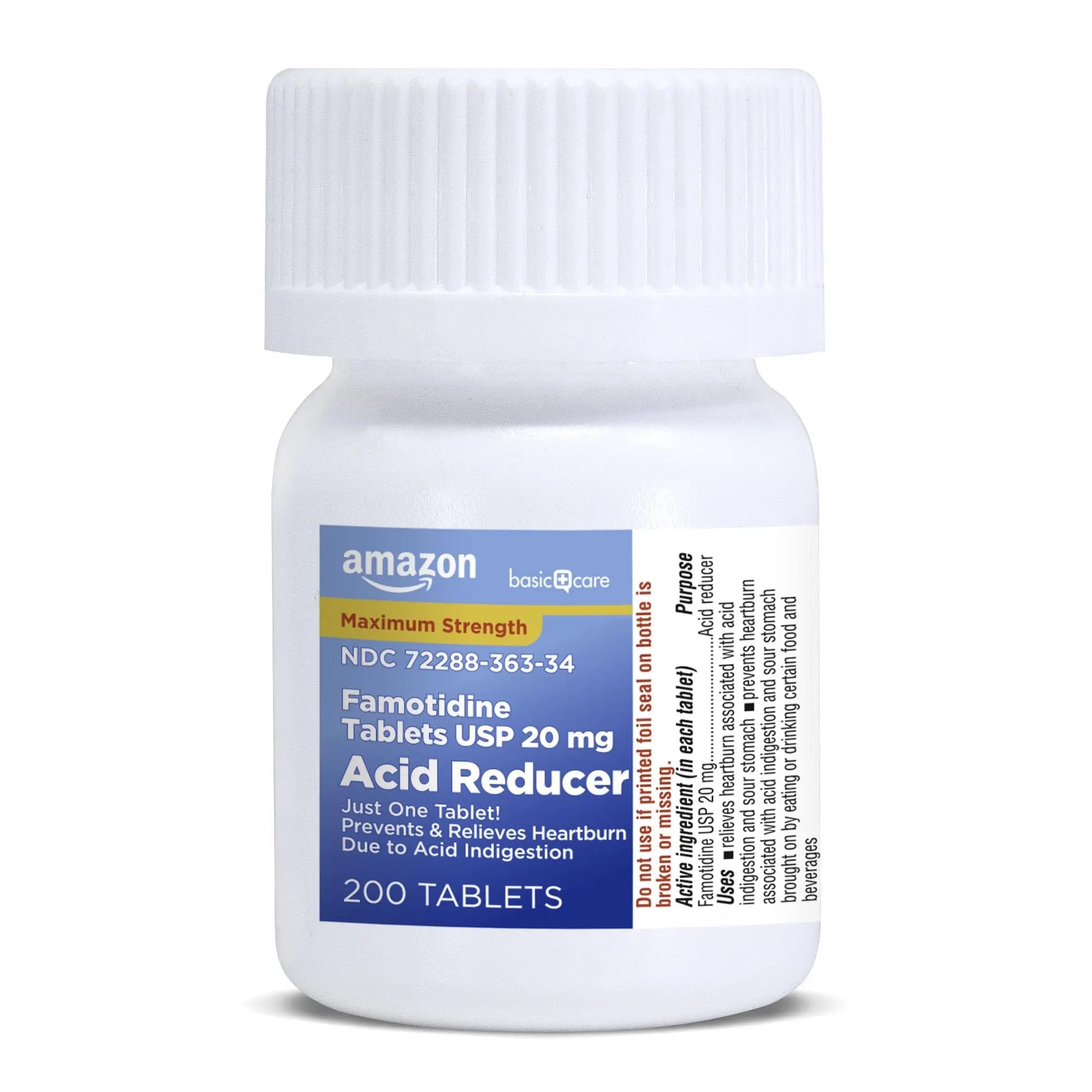Amazon Basic Care Maximum Strength Famotidine Tablets 20 mg, Acid Reducer for Heartburn Relief, Prevents & Relieves Acid Indigestion, Heartburn Medicine, 12 Hour Protection, 200 Count - TrustMedUSA
