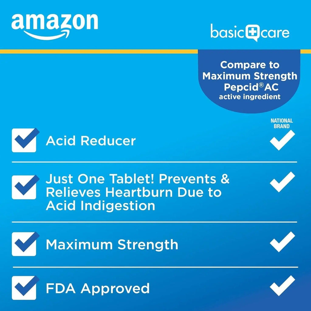 Amazon Basic Care Maximum Strength Famotidine Tablets 20 mg, Acid Reducer for Heartburn Relief, Prevents & Relieves Acid Indigestion, Heartburn Medicine, 50 Count - TrustMedUSA