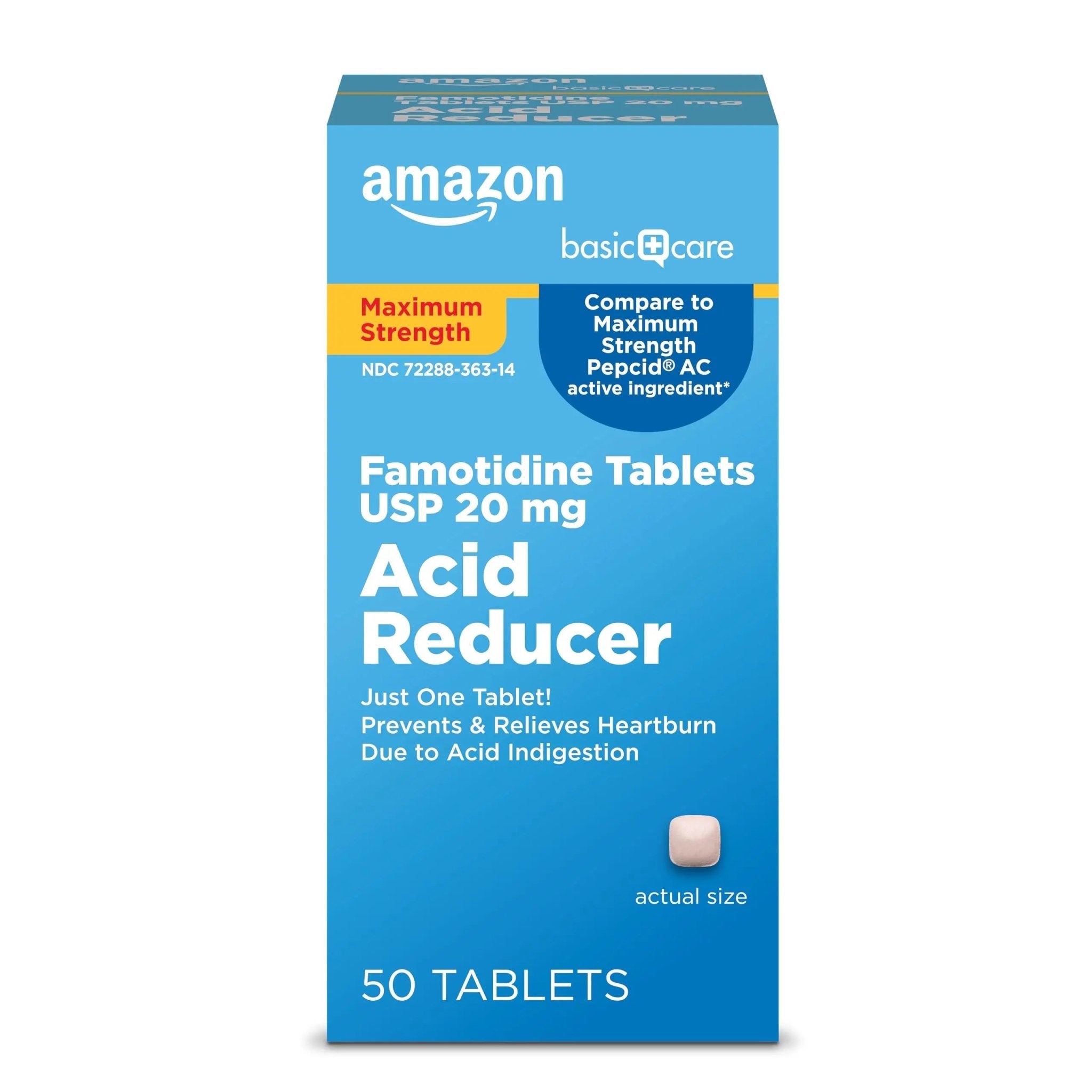 Amazon Basic Care Maximum Strength Famotidine Tablets 20 mg, Acid Reducer for Heartburn Relief, Prevents & Relieves Acid Indigestion, Heartburn Medicine, 50 Count - TrustMedUSA