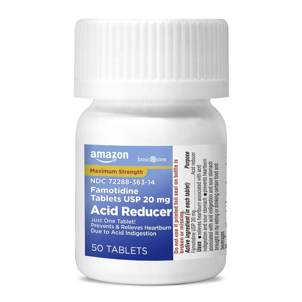 Amazon Basic Care Maximum Strength Famotidine Tablets 20 mg, Acid Reducer for Heartburn Relief, Prevents & Relieves Acid Indigestion, Heartburn Medicine, 50 Count - TrustMedUSA