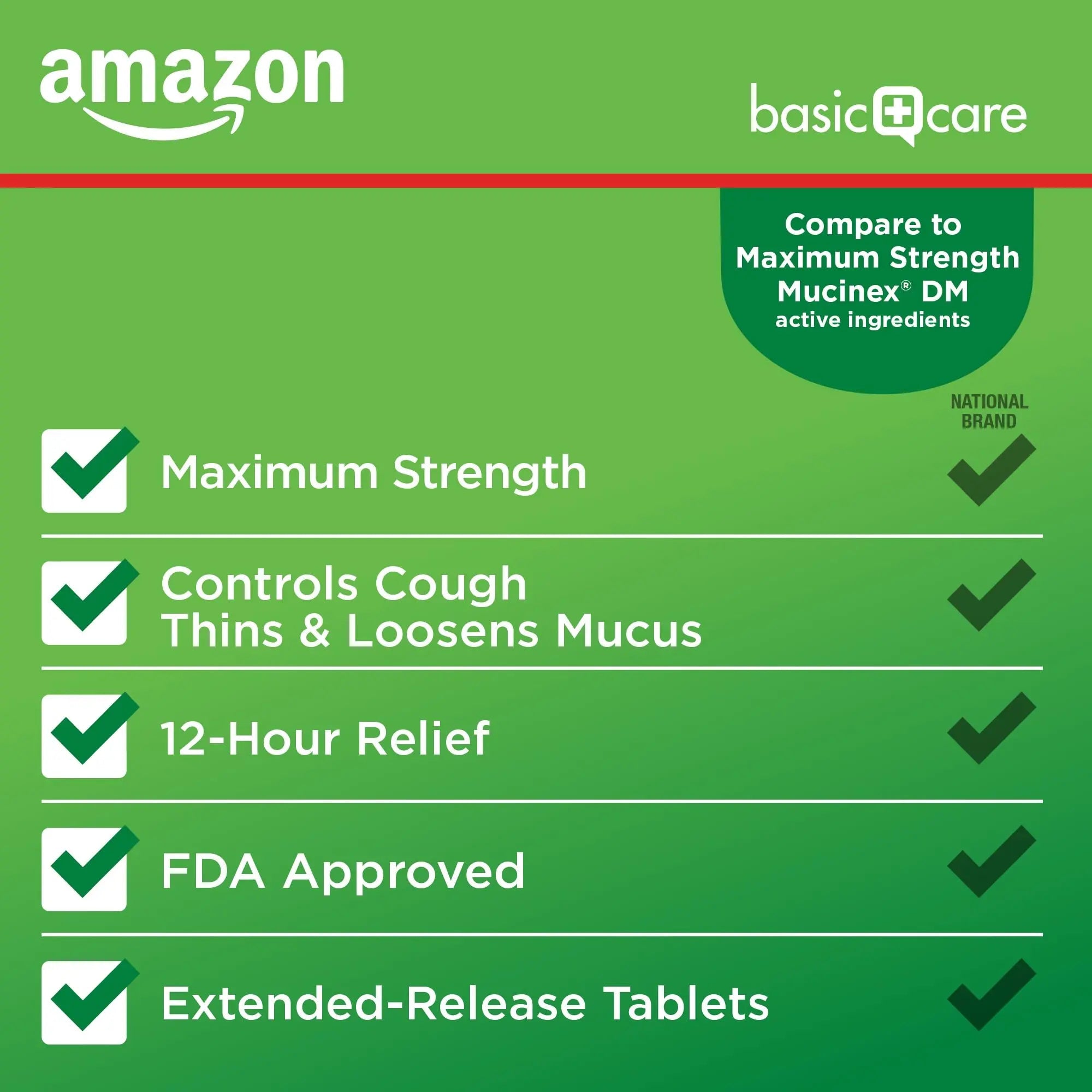 Amazon Basic Care Maximum Strength Mucus DM, Expectorant and Cough Suppressant Extended-Release Tablets, 42 Count - TrustMedUSA