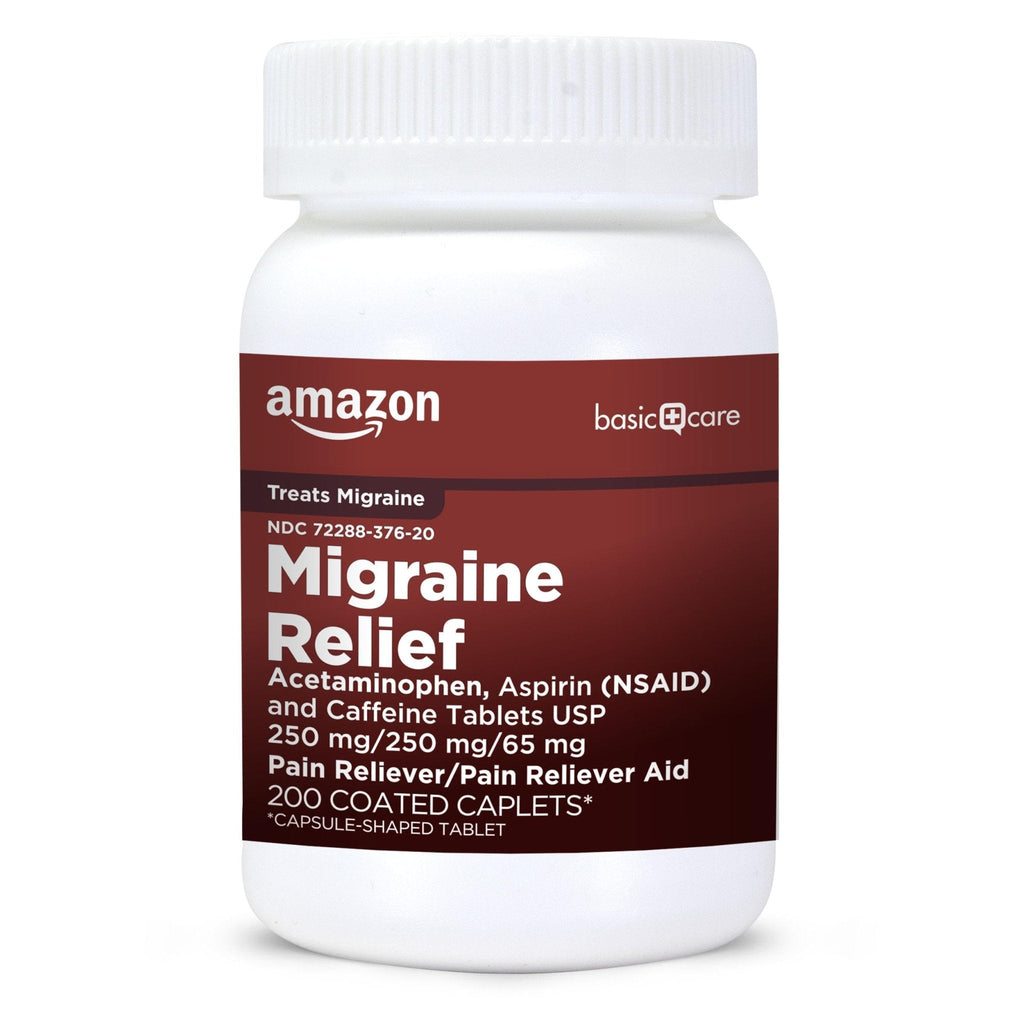 Amazon Basic Care Migraine Relief Acetaminophen, Aspirin (NSAID) and Caffeine Tablets, Pain Reliever/Pain Reliever Aid, 200 Count - Maple Wellness Supplements