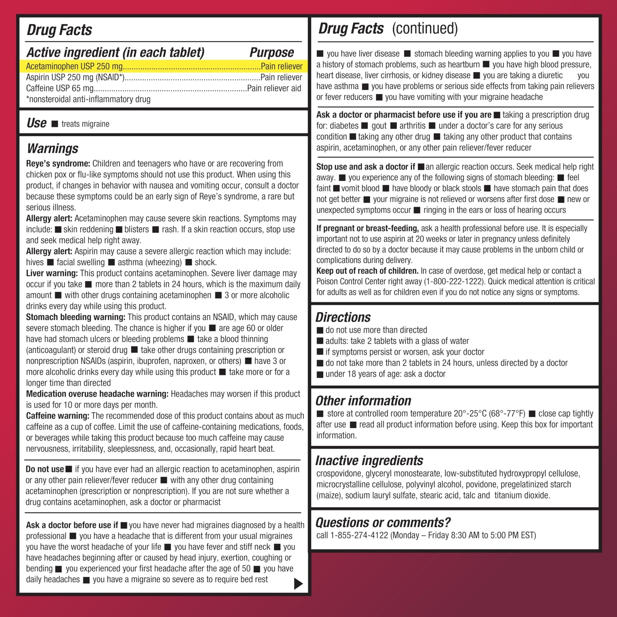 Amazon Basic Care Migraine Relief Acetaminophen, Aspirin (NSAID) and Caffeine Tablets, Pain Reliever/Pain Reliever Aid, 200 Count - Maple Wellness Supplements