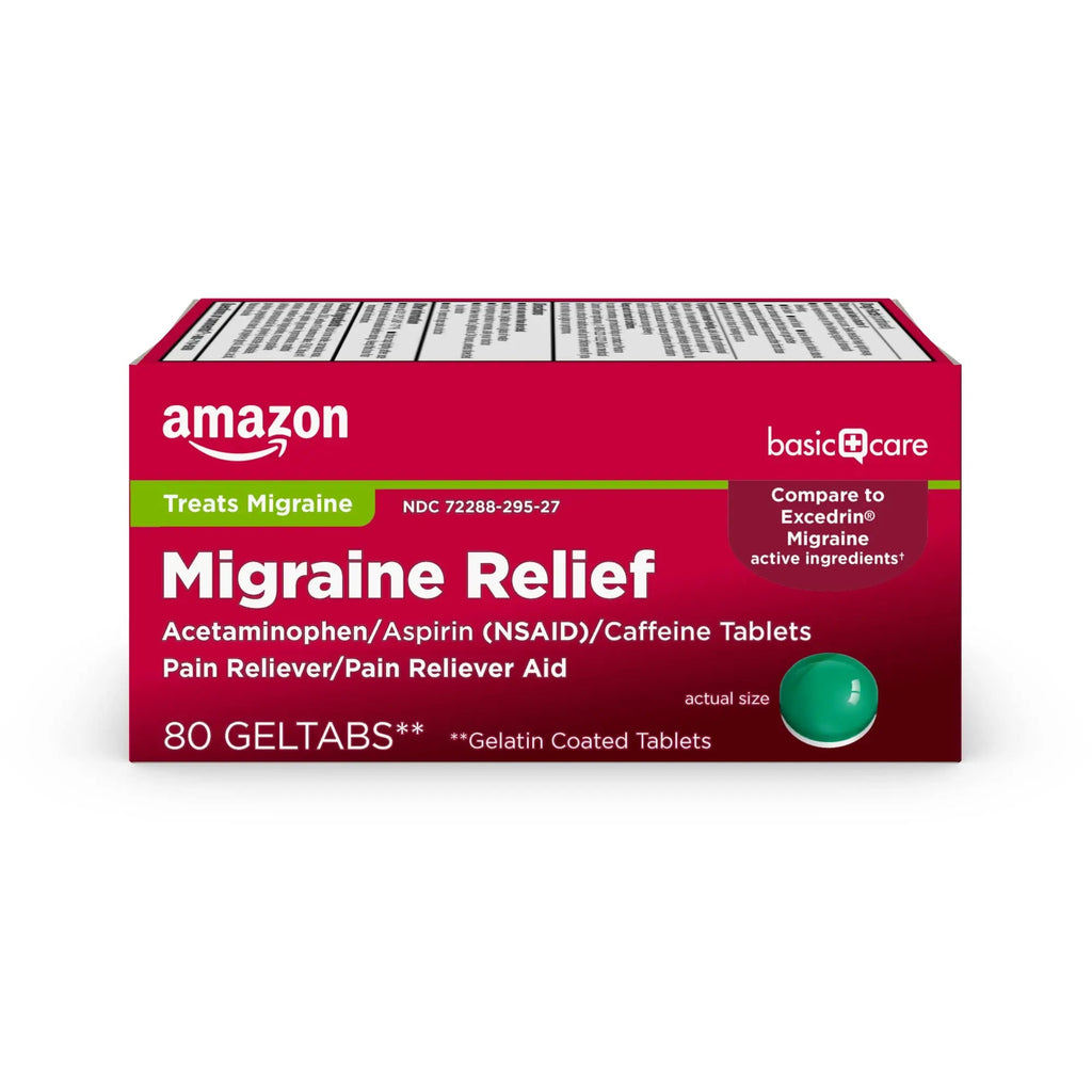 Amazon Basic Care Migraine Relief Geltabs, Pain Reliever, Acetaminophen 250 mg, Aspirin 250 mg (NSAID) and Caffeine 65 mg, Headache Relief, 80 Count - TrustMedUSA
