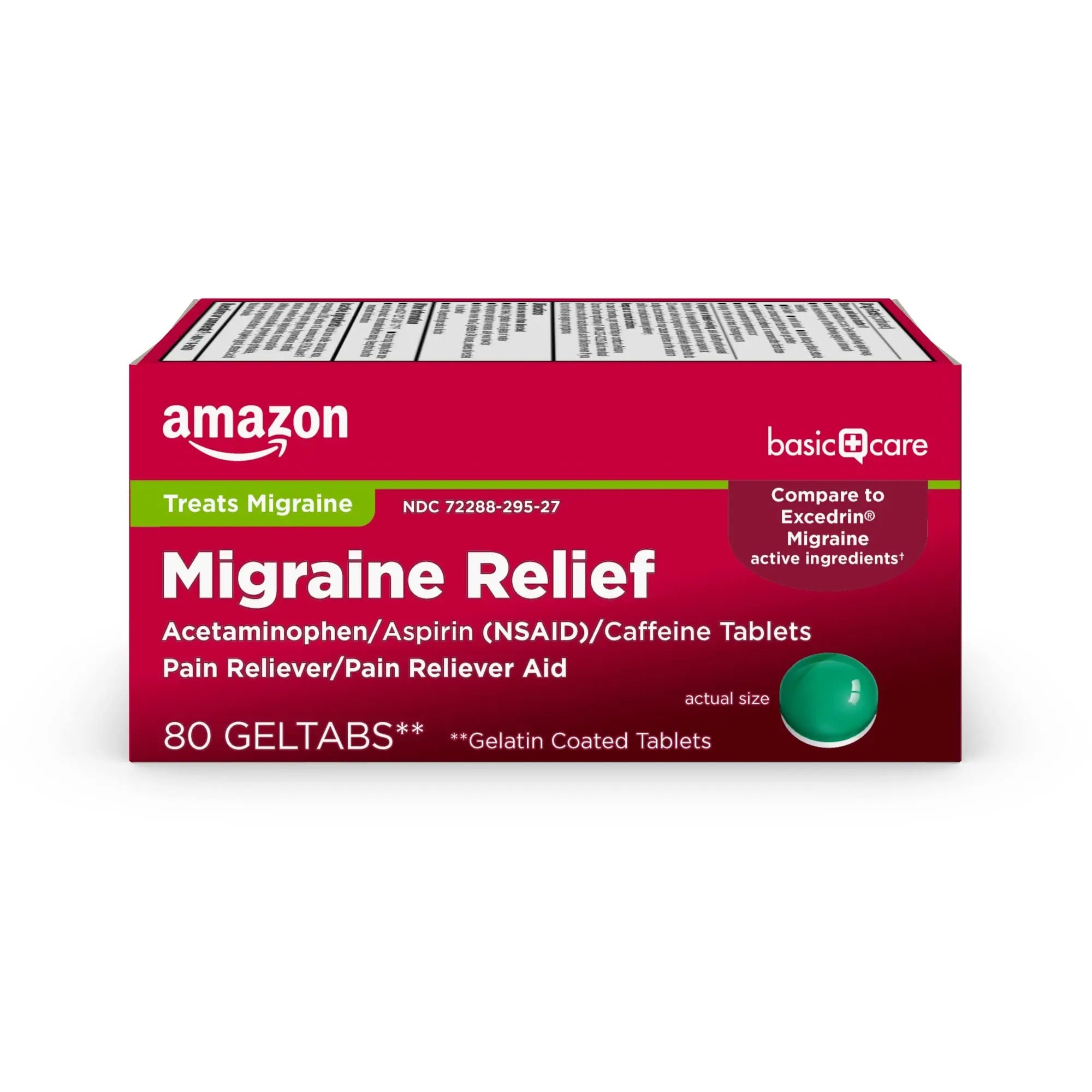 Amazon Basic Care Migraine Relief Geltabs, Pain Reliever, Acetaminophen 250 mg, Aspirin 250 mg (NSAID) and Caffeine 65 mg, Headache Relief, 80 Count - TrustMedUSA