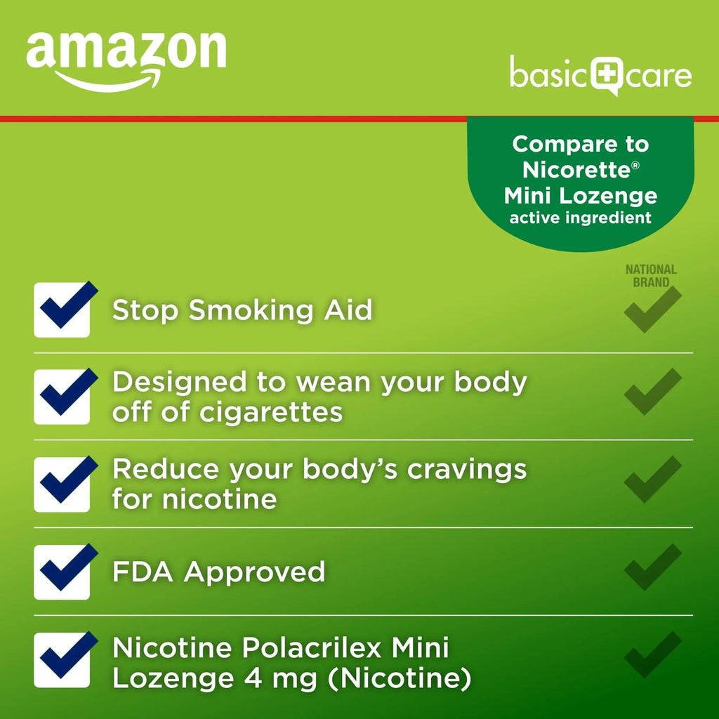 Amazon Basic Care Mini Nicotine Polacrilex Lozenge, 4 mg, Mint Flavor, Stop Smoking Aid, Smoking Cessation, Reduces Nicotine Cravings, 27 Count - TrustMedUSA