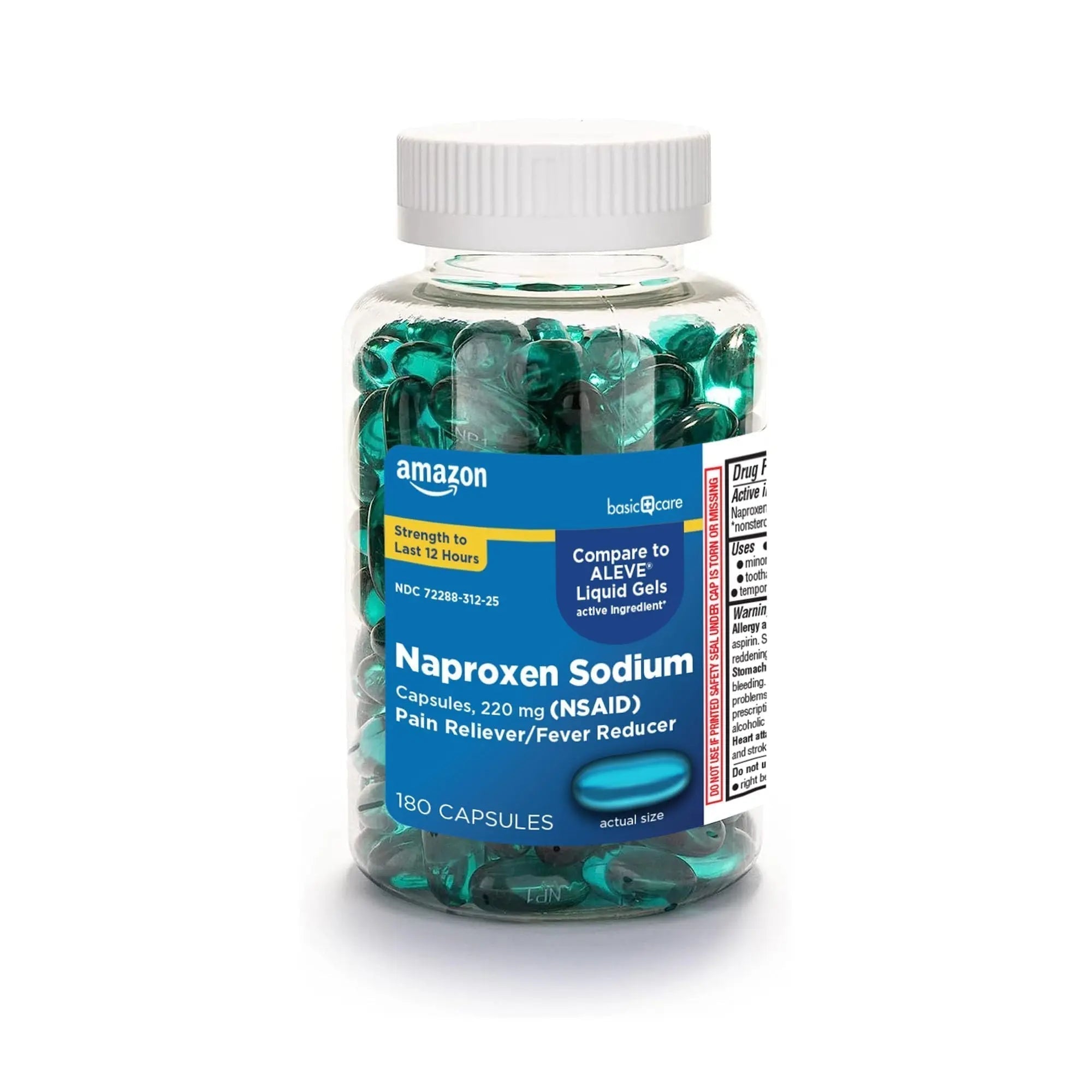 Amazon Basic Care Naproxen Sodium 220 mg Liquid Gels, Pain Reliever/Fever Reducer (NSAID), Headache, Backache, Menstrual Pain, Arthritis Pain, 12-Hour Relief, 180 Count (previously A+ health) - TrustMedUSA