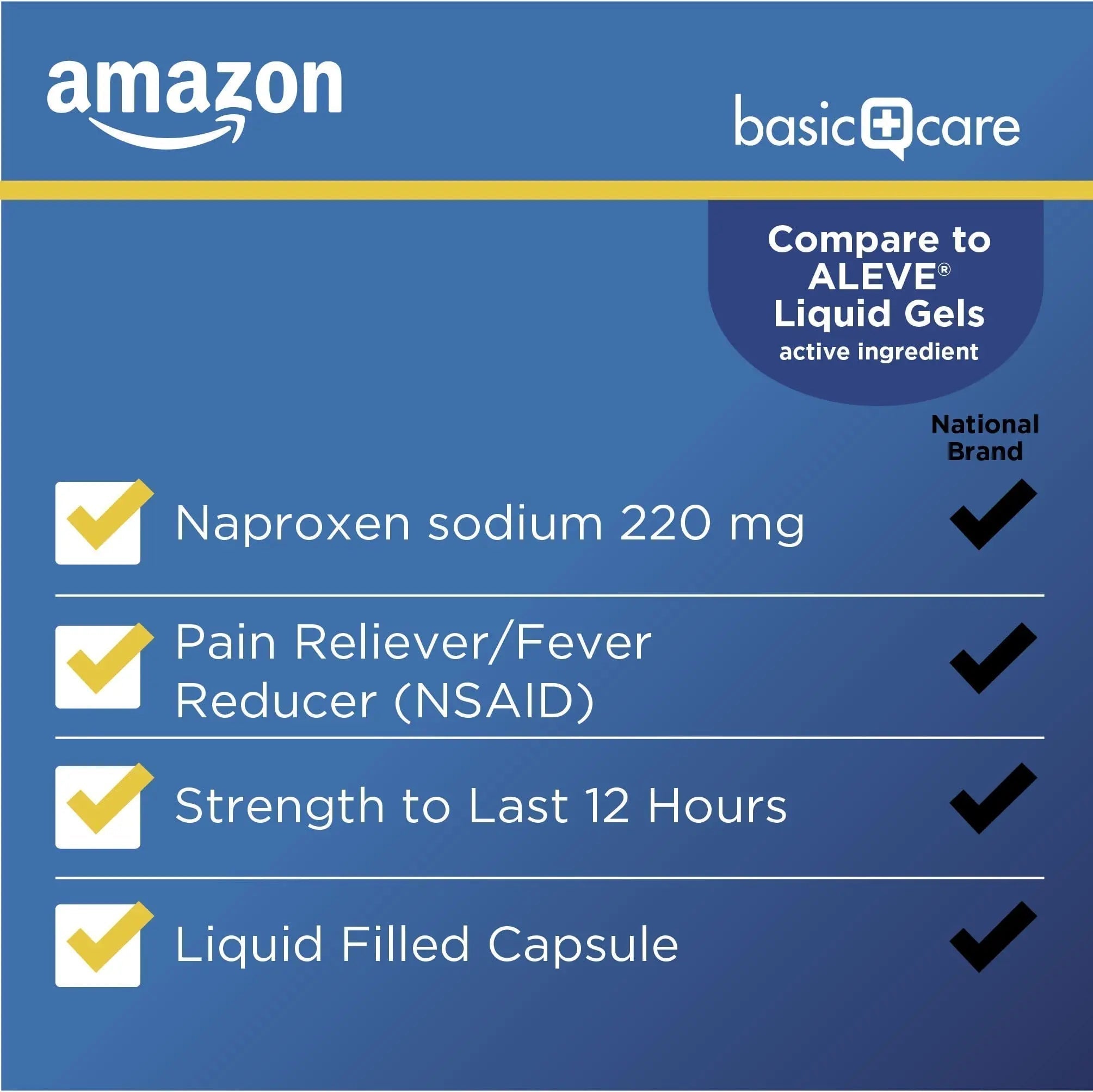 Amazon Basic Care Naproxen Sodium 220 mg Liquid Gels, Pain Reliever/Fever Reducer (NSAID), Headache, Backache, Menstrual Pain, Arthritis Pain, 12-Hour Relief, 180 Count (previously A+ health) - TrustMedUSA