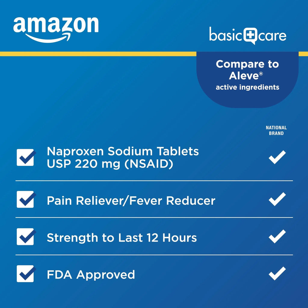 Amazon Basic Care Naproxen Sodium Tablets 220 mg, Pain Reliever/Fever Reducer (NSAID), 12-Hour Relief for Headache, Backache, Menstrual Pain, Muscle Aches, Arthritis, 300 Count - TrustMedUSA