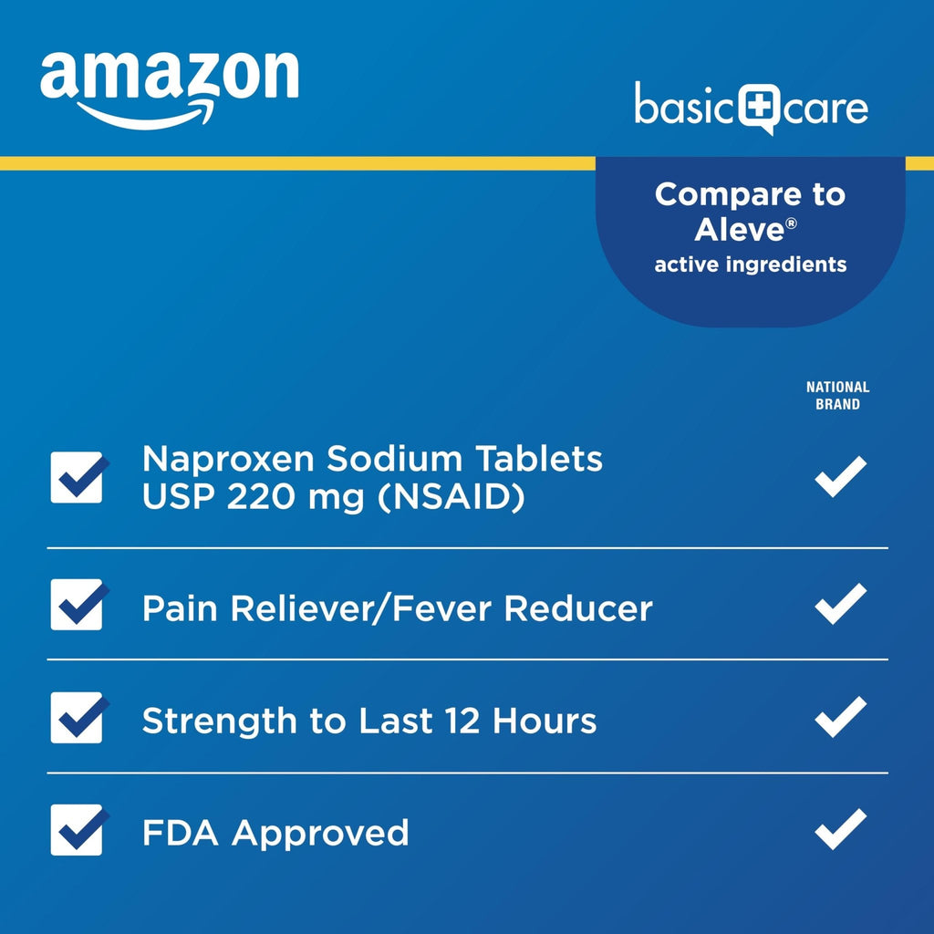 Amazon Basic Care Naproxen Sodium Tablets 220 mg, Pain Reliever/Fever Reducer (NSAID), 12-Hour Relief for Headache, Backache, Menstrual Pain, Muscle Aches, Arthritis, 300 Count - Maple Wellness Supplements