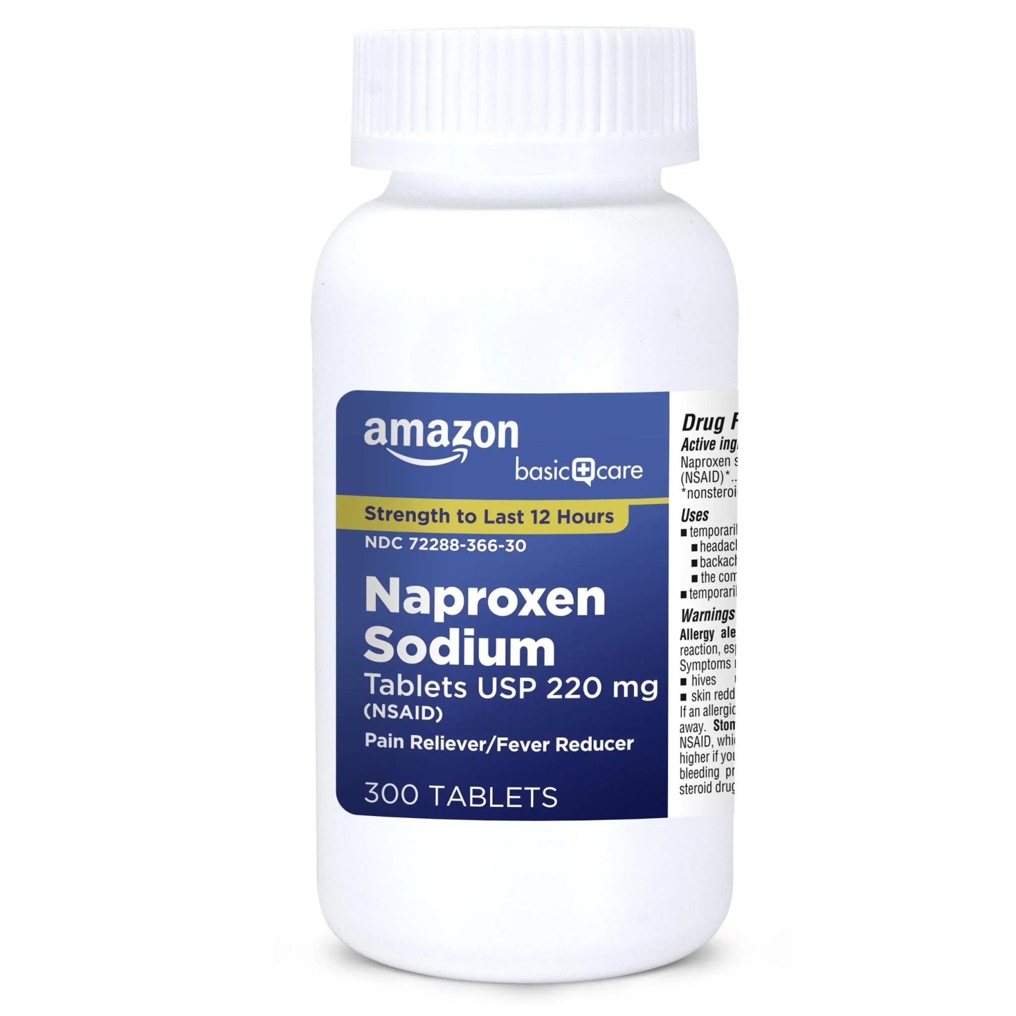 Amazon Basic Care Naproxen Sodium Tablets 220 mg, Pain Reliever/Fever Reducer (NSAID), 12-Hour Relief for Headache, Backache, Menstrual Pain, Muscle Aches, Arthritis, 300 Count - TrustMedUSA