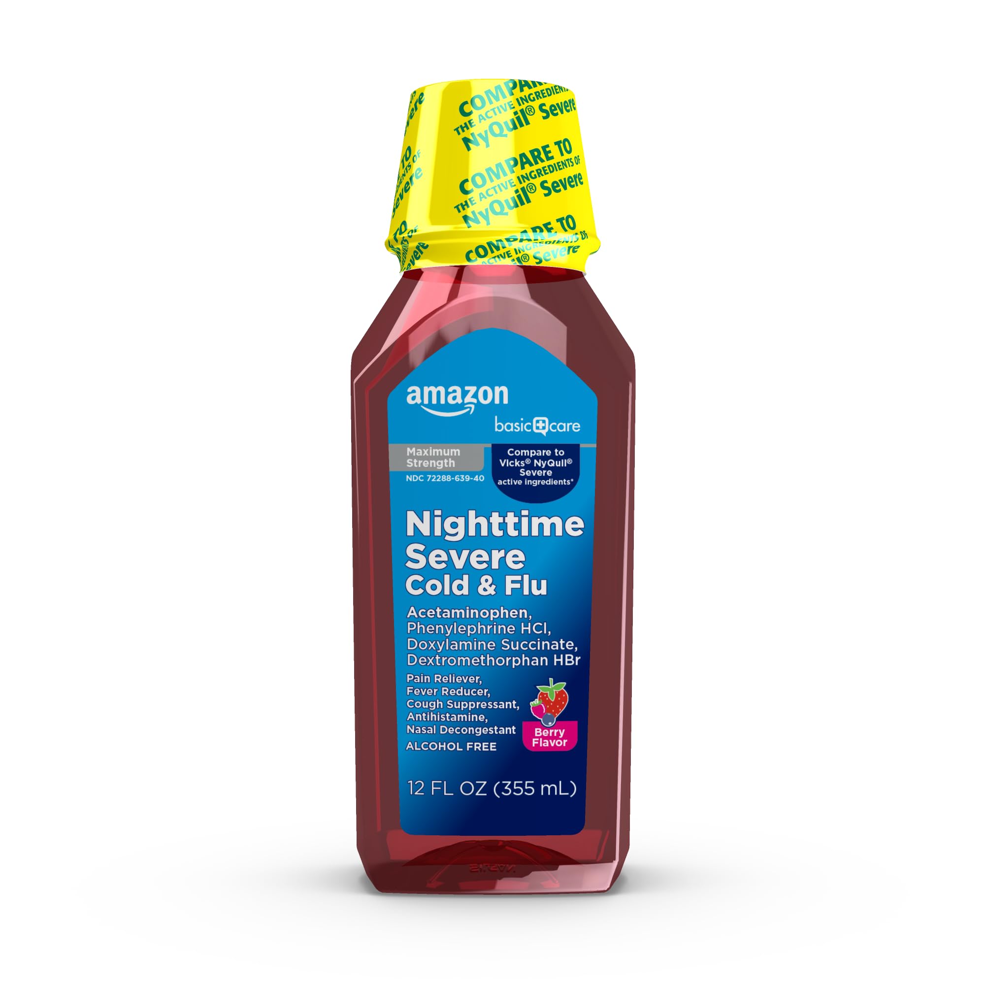 Amazon Basic Care Nighttime Severe Cold and Flu Syrup, Max Strength Liquid Medicine, Multi-Symptom Relief, for Adults and Children 12 Years and Older, Mixed Berry Flavor, 12 fl oz - Maple Wellness Supplements