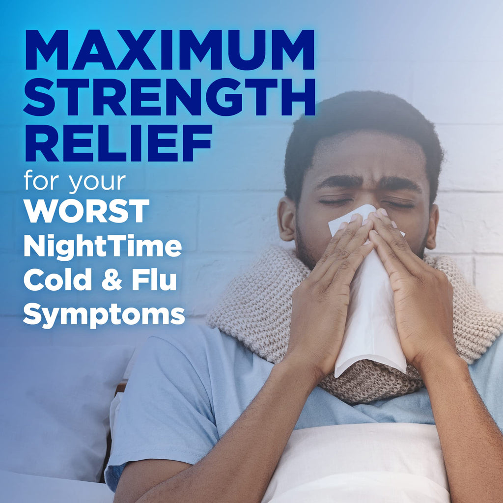 Amazon Basic Care Nighttime Severe Cold and Flu Syrup, Max Strength Liquid Medicine, Multi-Symptom Relief, for Adults and Children 12 Years and Older, Mixed Berry Flavor, 12 fl oz - Maple Wellness Supplements