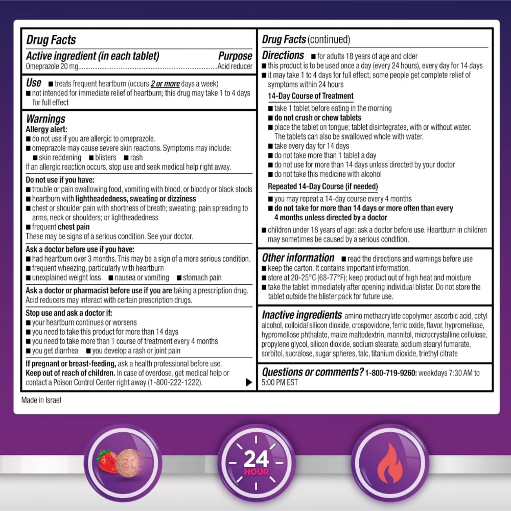 Amazon Basic Care Omeprazole Delayed Release Orally Disintegrating Tablets, 20 mg, Acid Reducer, Strawberry Flavor, 24 Hour Heartburn Medicine, 42 Count - Maple Wellness Supplements