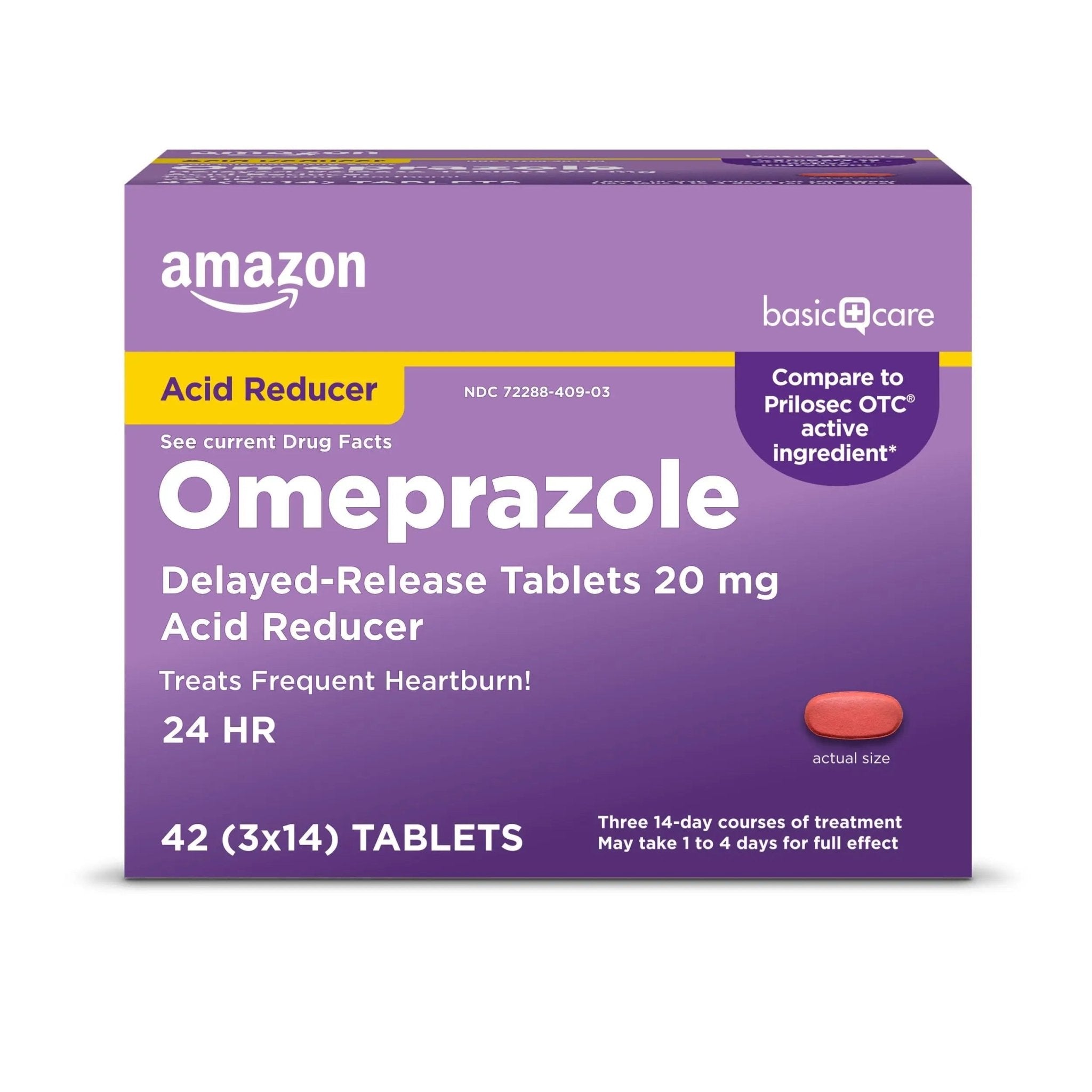 Amazon Basic Care Omeprazole Delayed Release Tablets 20 mg, Acid Reducer, treats frequent heartburn,, Cream, Regular, 42 Count (Pack of 1), 42 Count, - TrustMedUSA