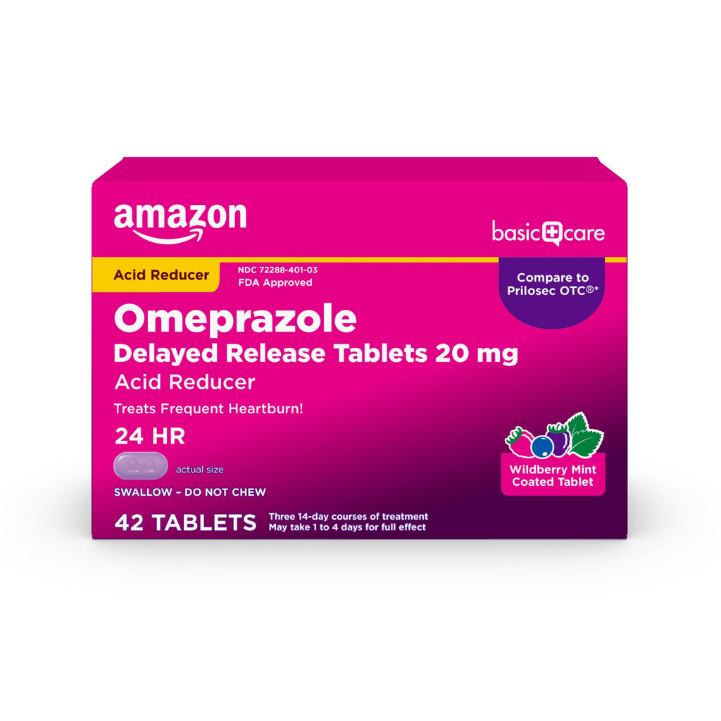 Amazon Basic Care Omeprazole Delayed Release Tablets 20 mg, Acid Reducer, Wildberry Mint Coated Tablet, Heartburn Medicine, 42 Count - Maple Wellness Supplements