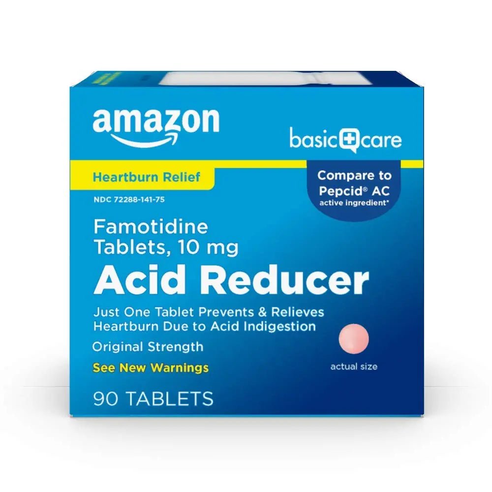 Amazon Basic Care Original Strength Famotidine Tablets, 10 mg, Acid Reducer, Heartburn Medicine, Prevents & Relieves Heartburn, Acid Indigestion Relief, 90 Count - TrustMedUSA