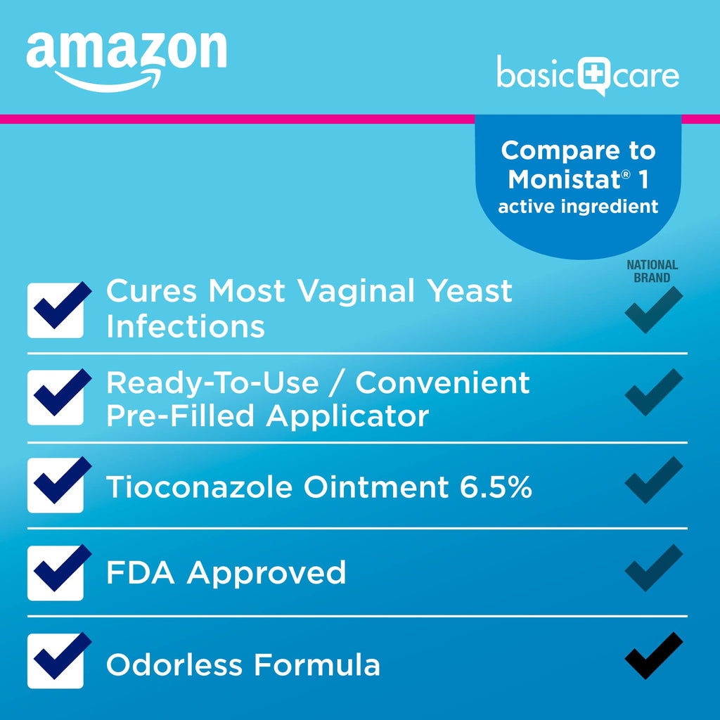 Amazon Basic Care Tioconazole Ointment 6.5 Percent, 1-Dose Yeast Infection Treatment For Women, Fast Acting Relief, Pre-Filled Applicator, Odorless Formula, 0.16 ounce (Pack of 1) - Maple Wellness Supplements