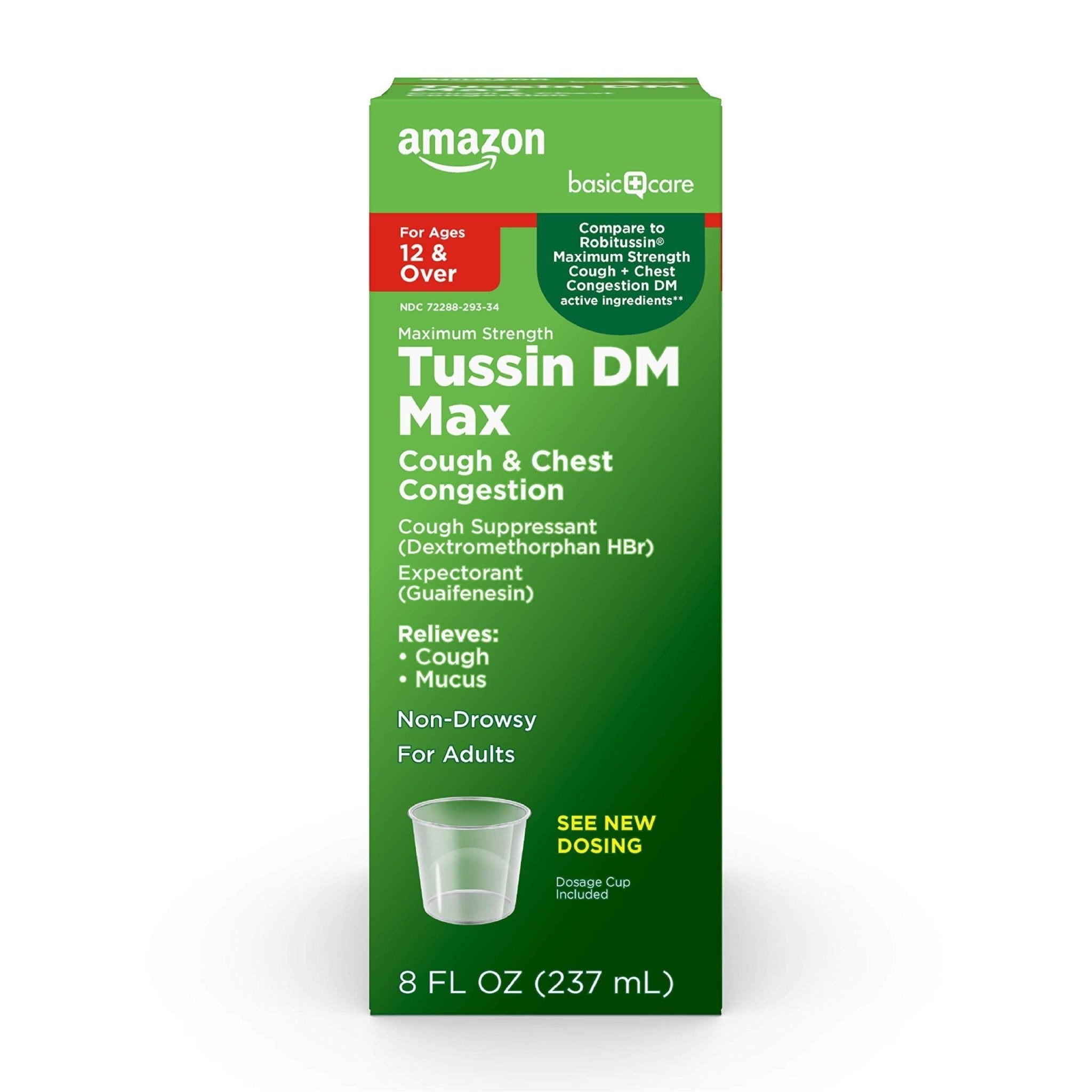 Amazon Basic Care Tussin DM MAX, Maximum Strength Cough and Chest Congestion Medicine, Non-Drowsy, Alcohol Free, Expectorant, Raspberry Menthol Flavor, 8 fl oz (Pack of 1) - Maple Wellness Supplements